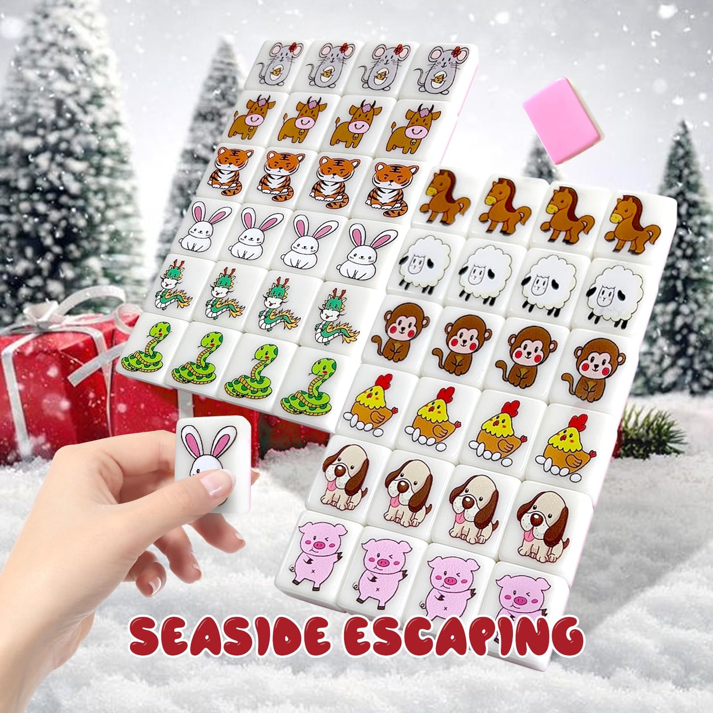 30Mm Seaside Escape Game Blocks, Mahjong Tile Game Sets With 49 Tiles 30Mm 12 Animals Pattern, Christmas Play With Kids.