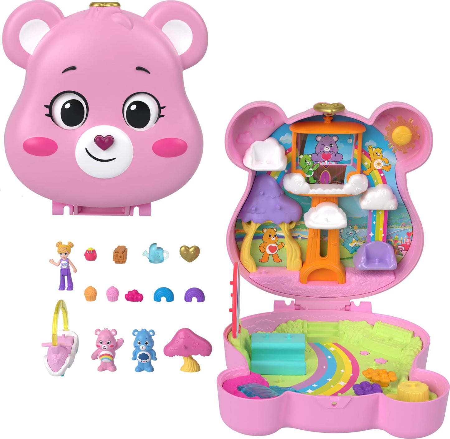 Polly Pocket Care Bears Dolls & Playset with Toy Car, Multicolor, Model JCC14, Travel Toy