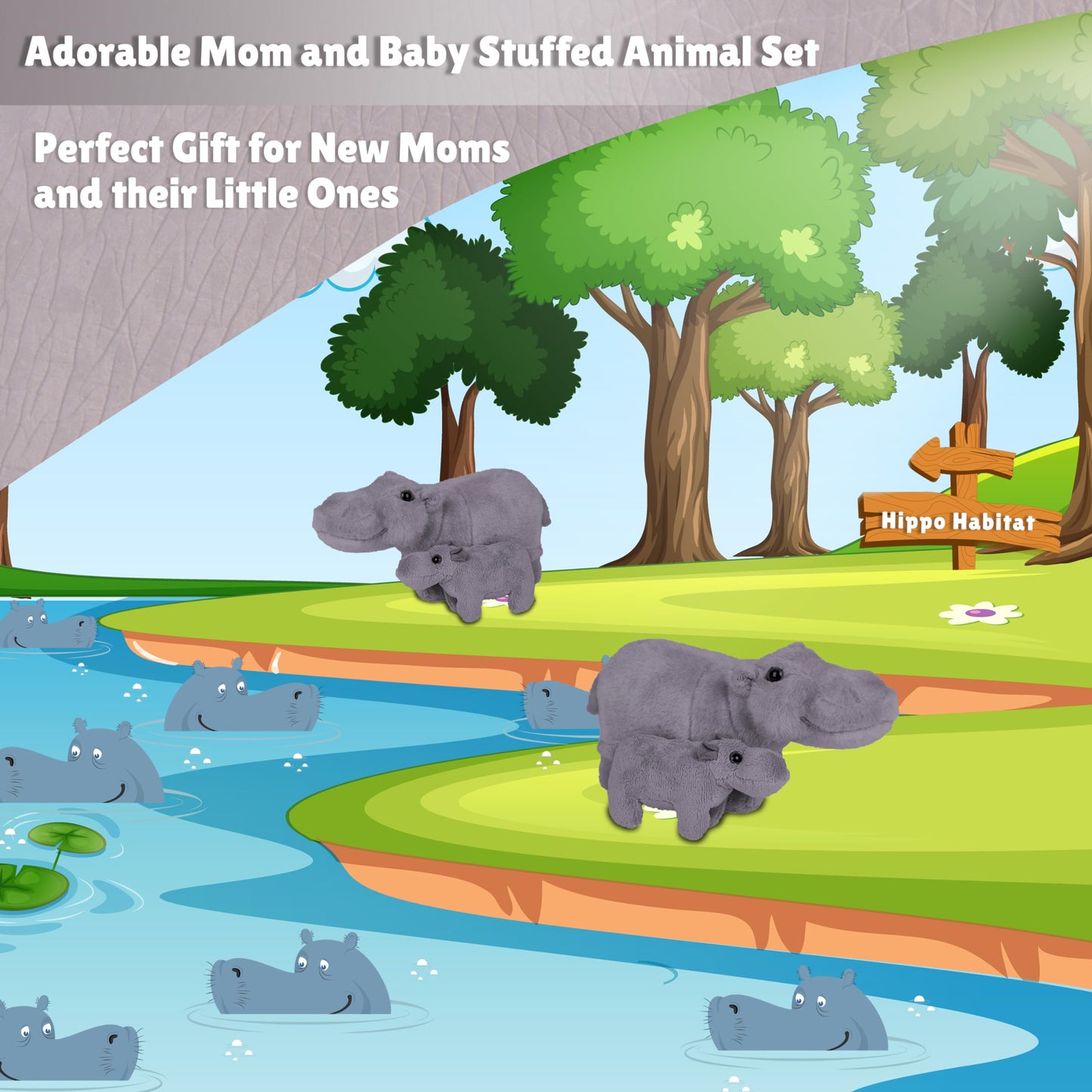Forest & Twelfth Mom And Baby Mini Hippo, Stuffed Animals For Boys And Girls, Safari Hippopotamus Baby Shower Decoration, Nursery Décor, Zoo Animal For Toddlers, Soft Stuffed Hippo, Plush Toy, (Hippo)
