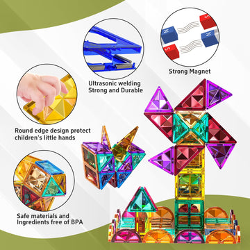 Temi Magnetic Tiles,180 Piece Building Blocks, Magnets Building Set, Stem & Learning & Education Toys Christmas Toy Gift For Ages 3 4 5 6 7 8+ Year Old Toddler Kids Boys And Girls