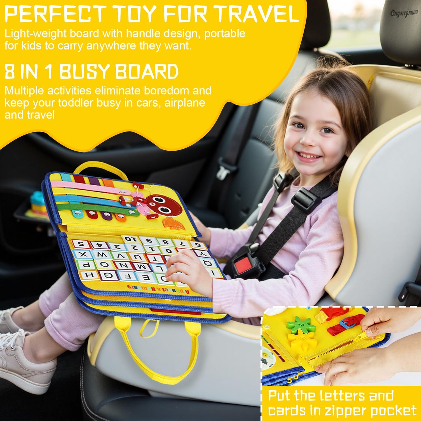 Esjay Toddler Busy Board - Montessori Sensory Book, Small Yellow Fabric Educational Toy, Model All win deer202104193268
