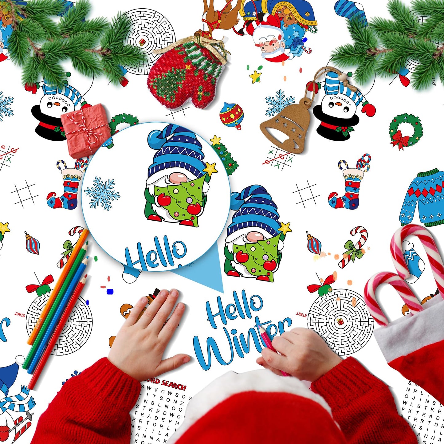 3 Pack Winter Coloring Tablecloth for Kids, Disposable Christmas Paper Tablecloth, Snowman Hello Winter Color-in Activity Table