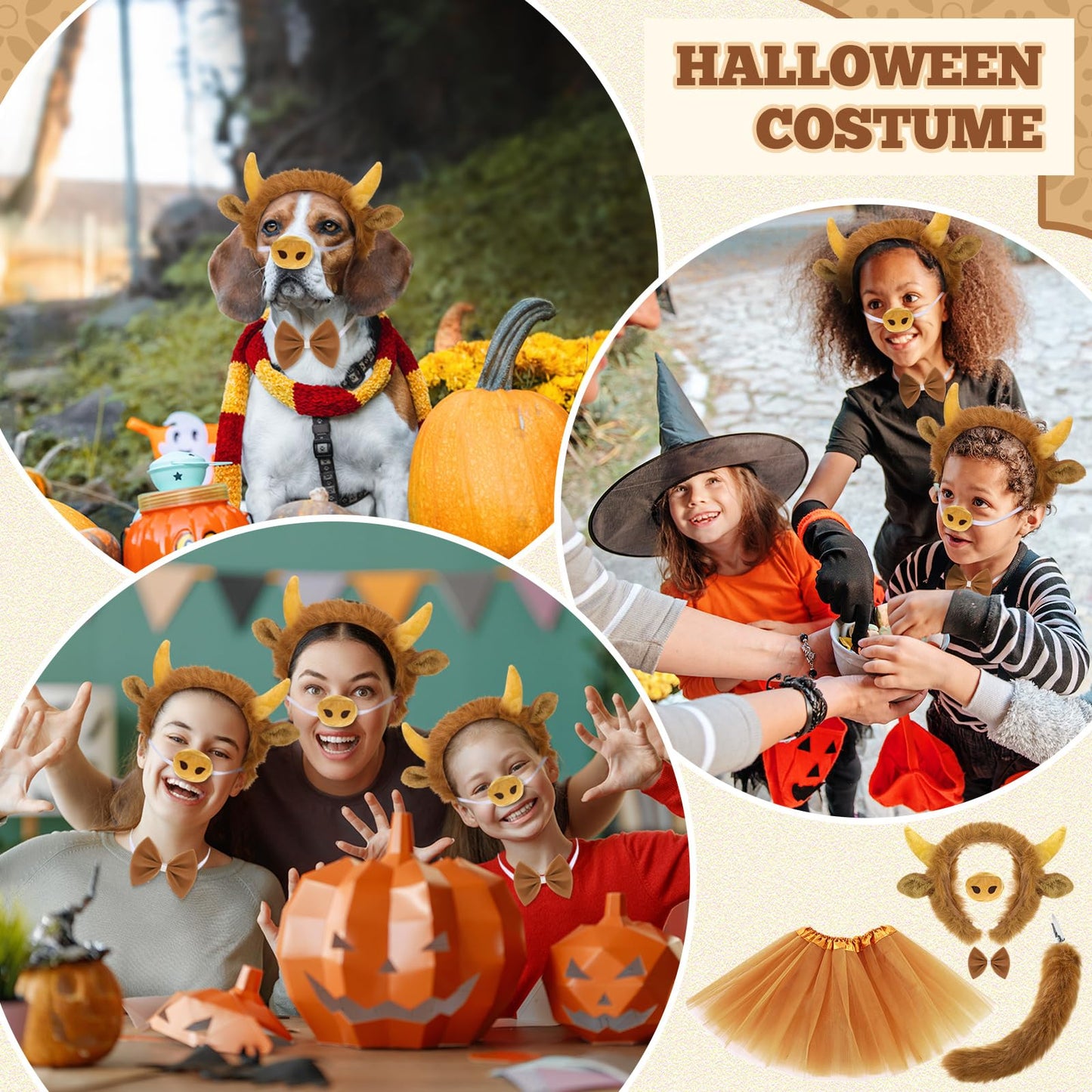 Janinka 5pcs Halloween Highland Cow Costume Set for Girls Women Brown Cow Ears Horns Headband Bowtie Tail Tutu Skirt Animal Fanc