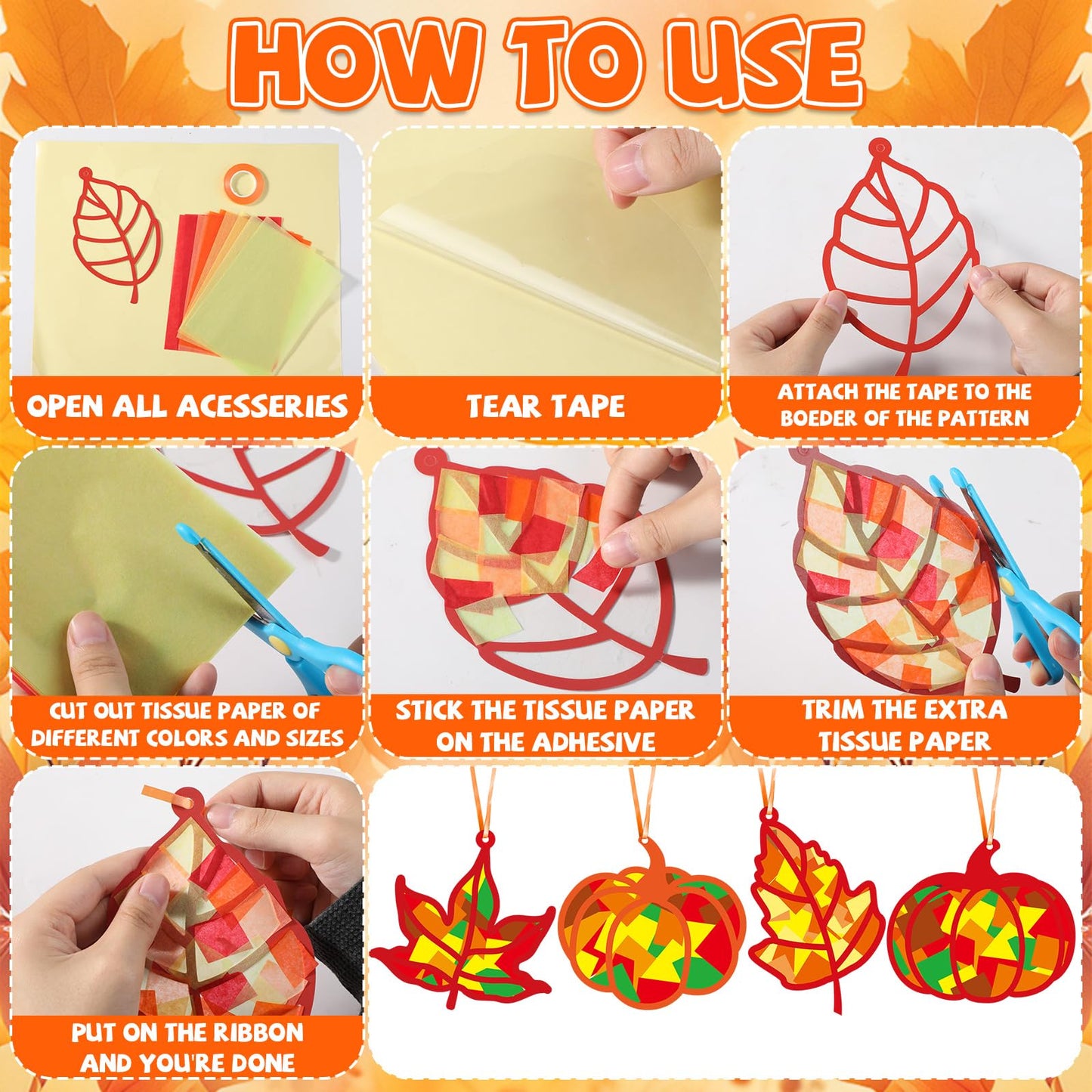 Qyeahkj 36 Set Fall Suncatchers Crafts for Kids DIY Autumn Window Tissue Paper Crafts Kit Maple Leaves Pumpkin Hanging Decor for