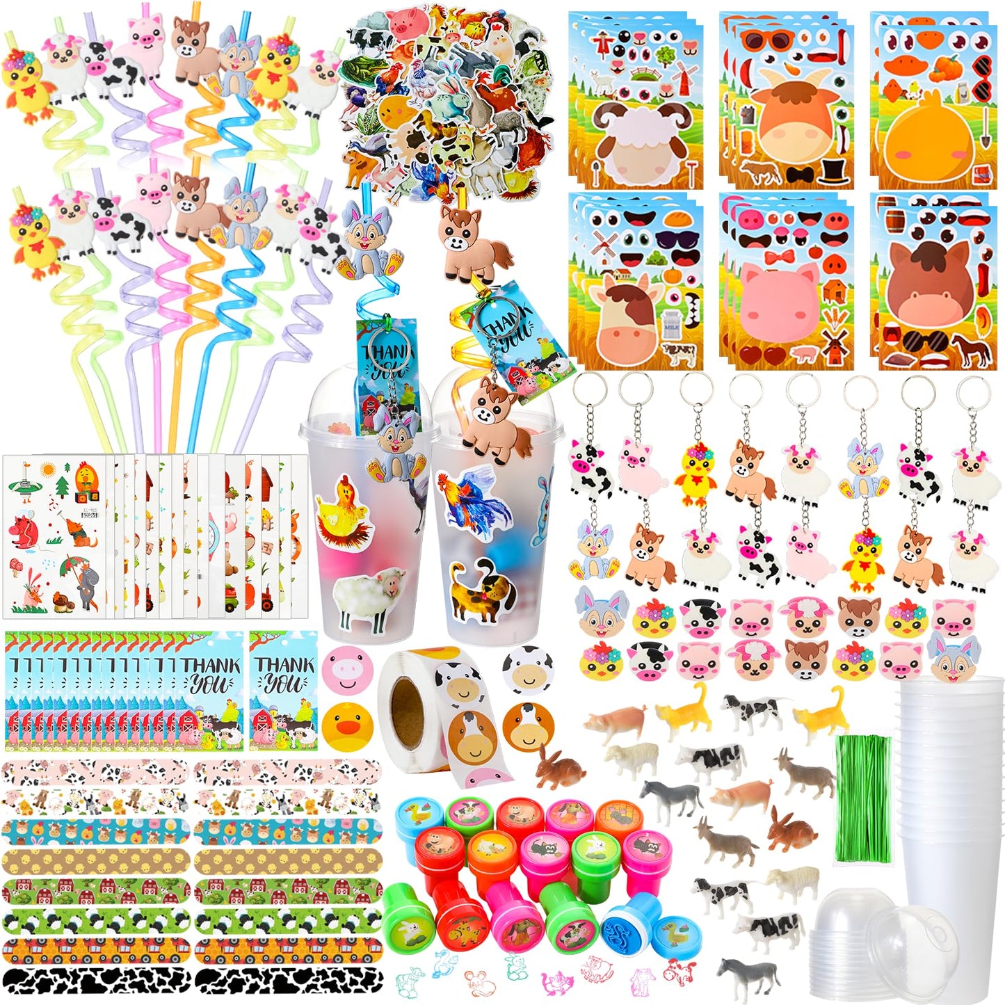 Poen 172 Pcs Farm Animal Party Favors Set Include Cup Straw Stamp Clap Bracelet Keychain Ring Puzzle Sticker Animal Miniature Ca