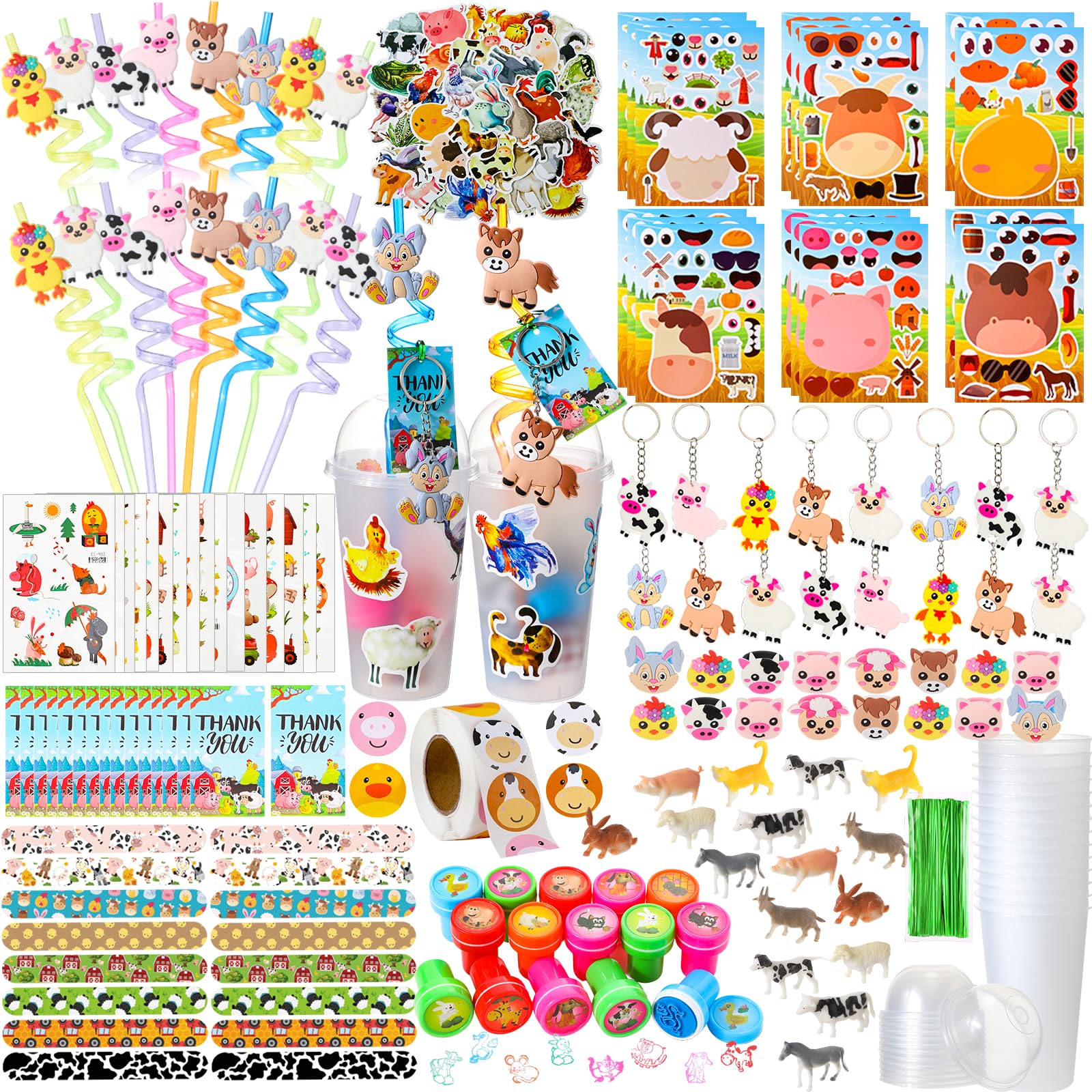 Poen 172 Pcs Farm Animal Party Favors Set Include Cup Straw Stamp Clap Bracelet Keychain Ring Puzzle Sticker Animal Miniature Ca
