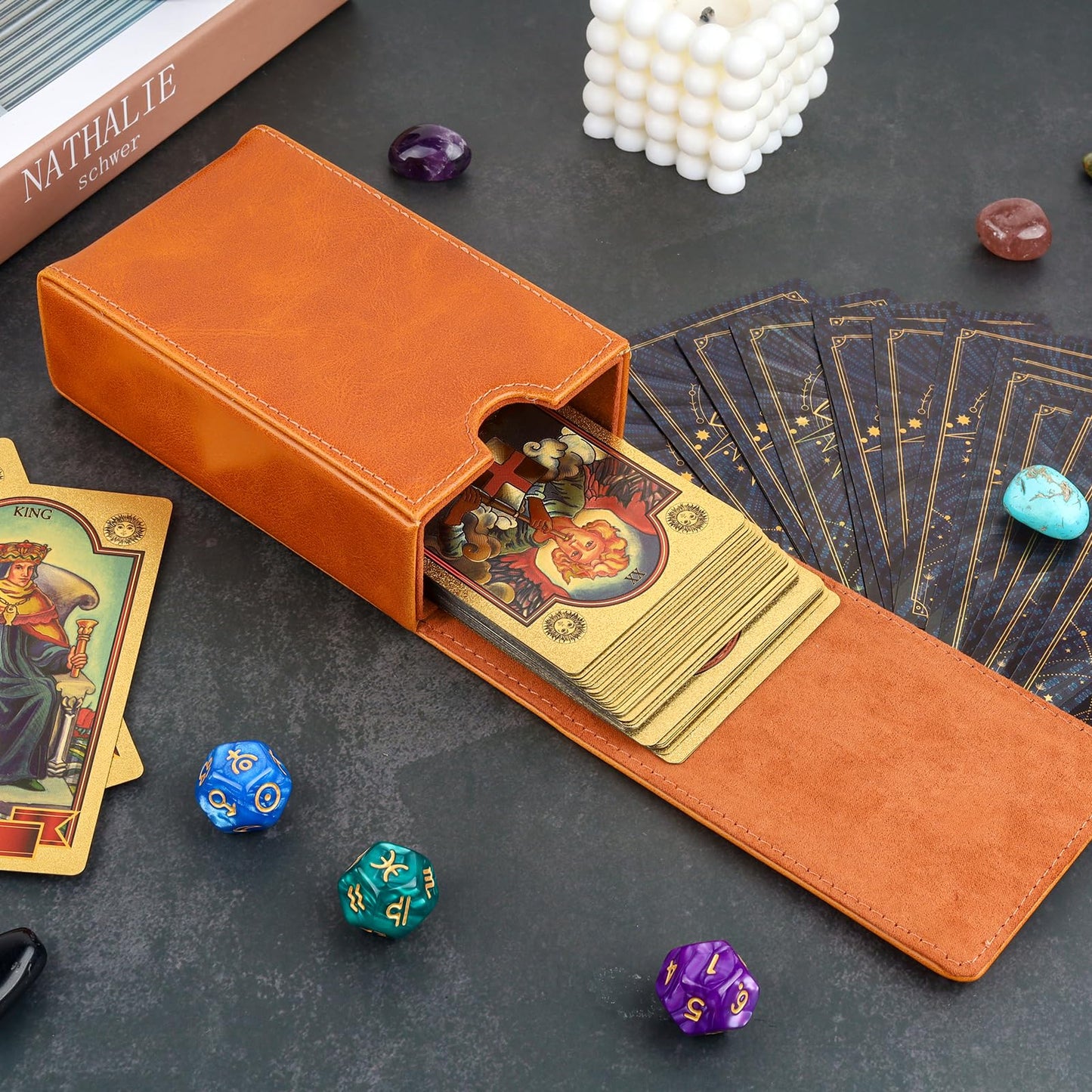Buweeo Tarot Card Case/Holder, Single Deck PU Leather Card Holder for Most Standard Size Tarot Cards or Playing Cards, Brown