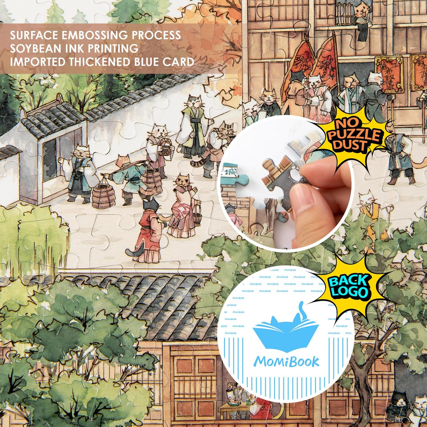Puzzles For Adults 1000 Pieces, Momibook Jigsaw Puzzles Of Chinese Vintage Village Town Cat, Painting Image 81.3X40.6Cm(32''X16'