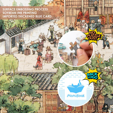 Puzzles For Adults 1000 Pieces, Momibook Jigsaw Puzzles Of Chinese Vintage Village Town Cat, Painting Image 81.3X40.6Cm(32''X16'