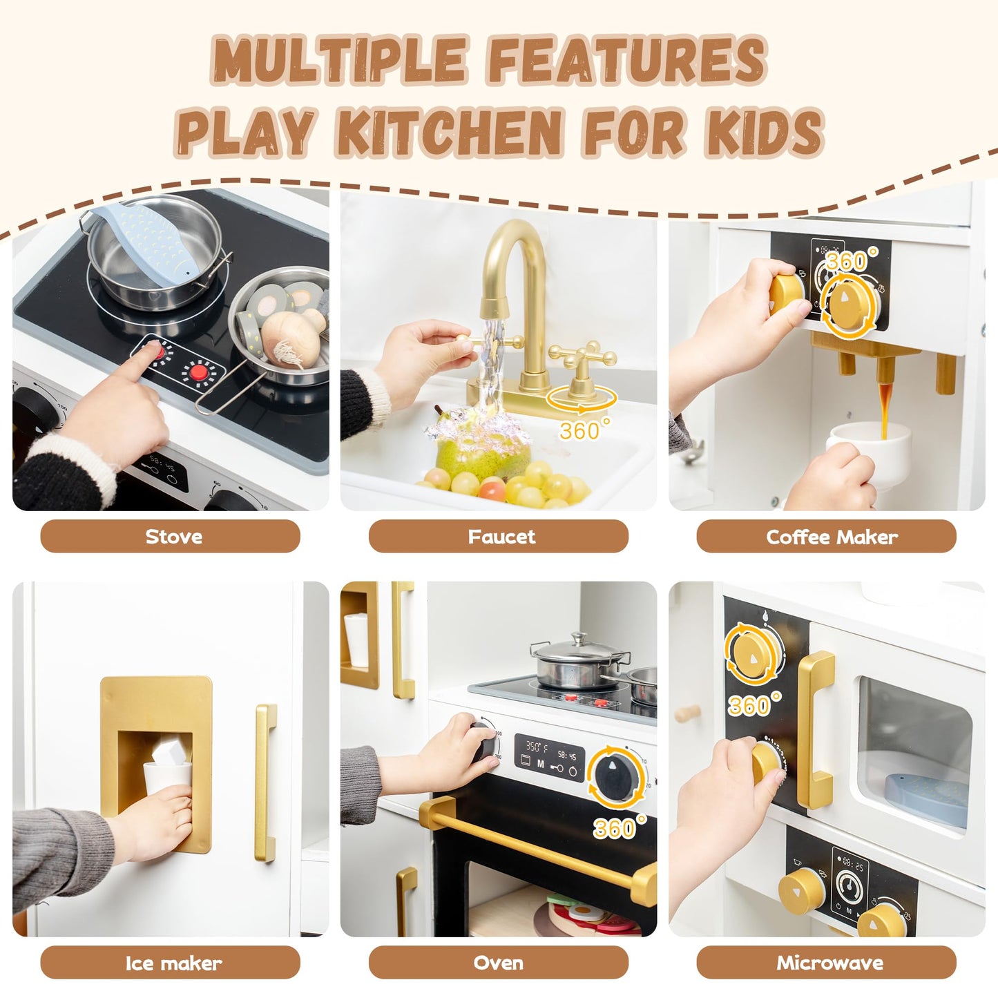 Interactive Wooden Toy Play Kitchen Playset For Kids - Realistic Lights & Sounds, Corner Design With 8 Accessories, Gift For Gir