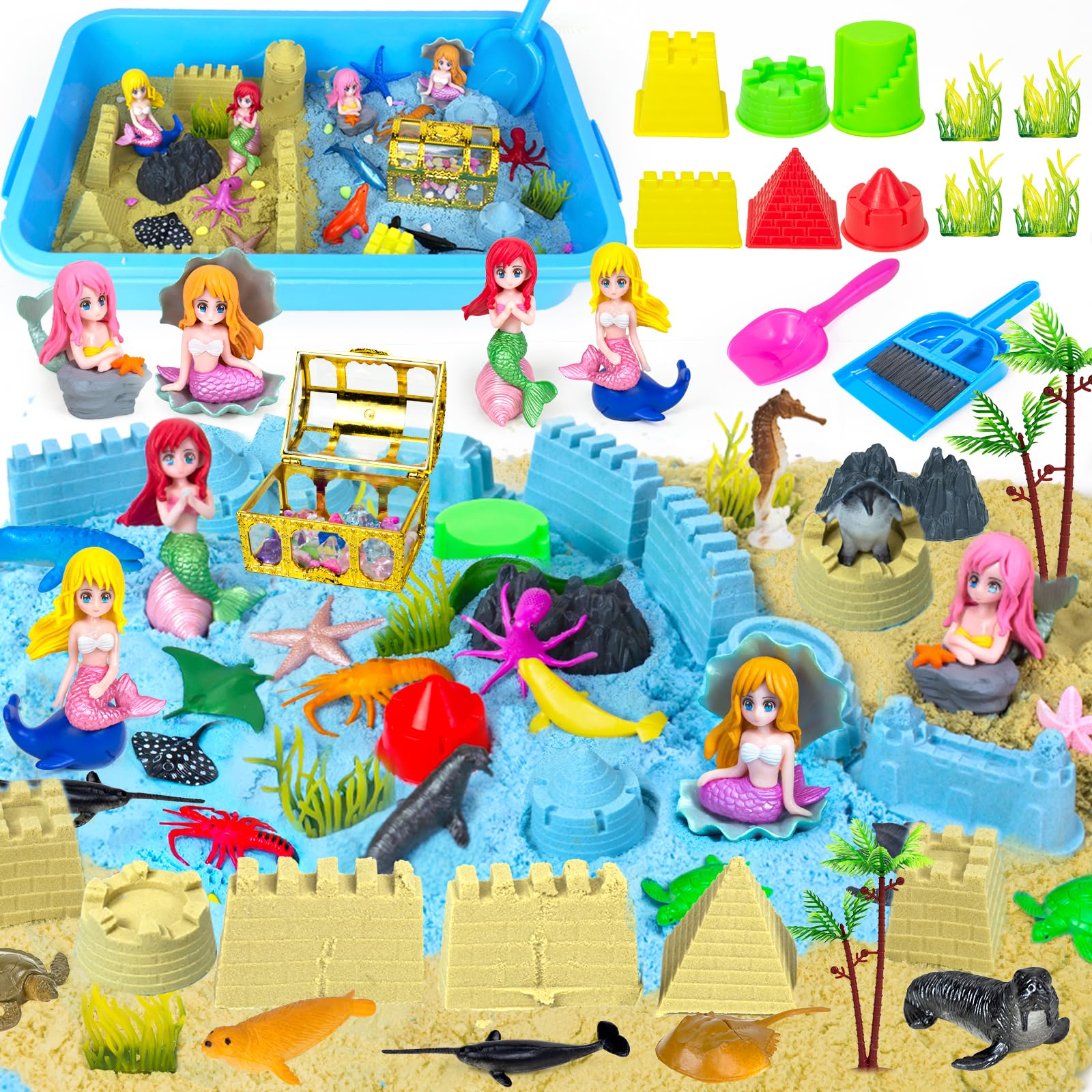 Tcvents Sensory Bins, Ocean Mermaid Sensory Bin Toys Sand Box for Kids Ages 3 4 5 6 7 8 9 Include 2.64lbs Magic Sand, 6 Castle M