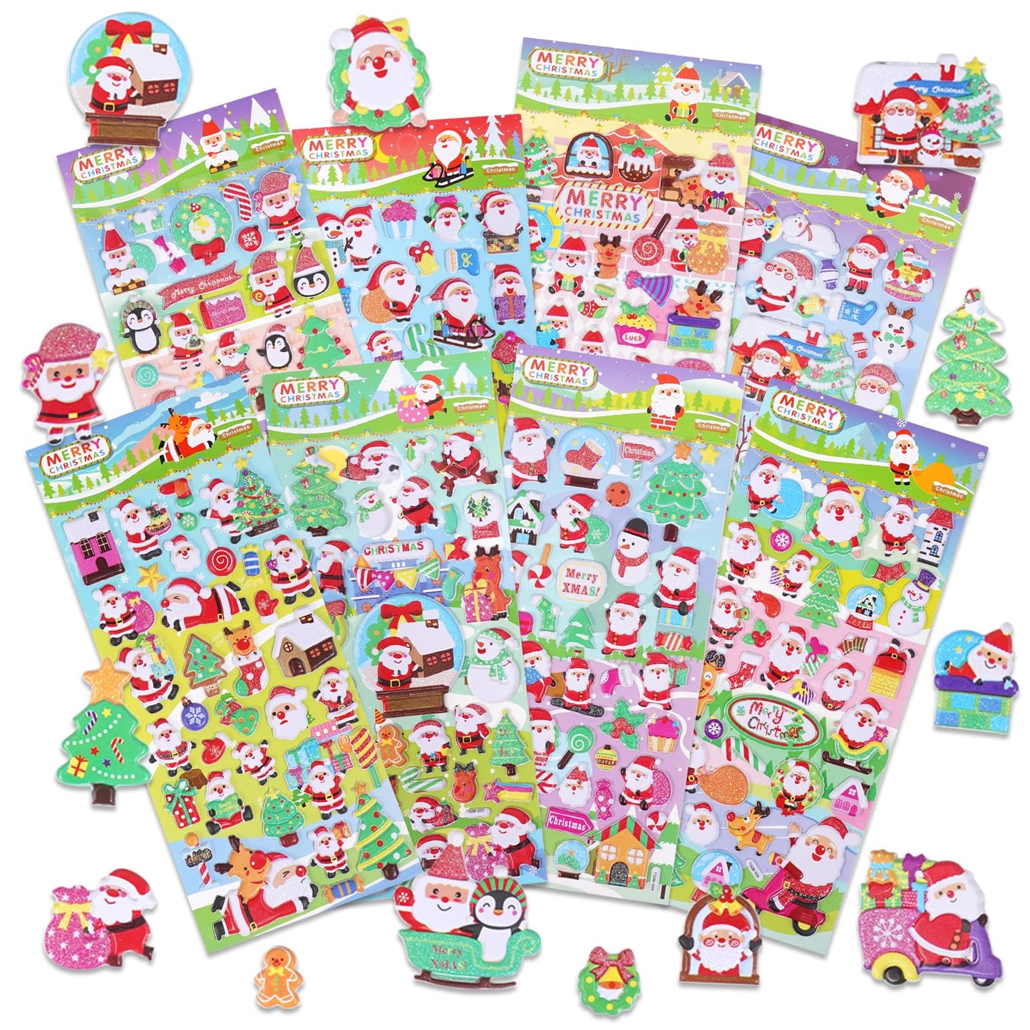 Christmas 3D Puffy Stickers For Kids Toddlers Crafts, Small Xmas Bulk Stickers For Cards Envelopes , Mini Foam Christmas Stickers With Glitter Santa Snowman Trees, Winter Holiday Stickers 8 Sheets.