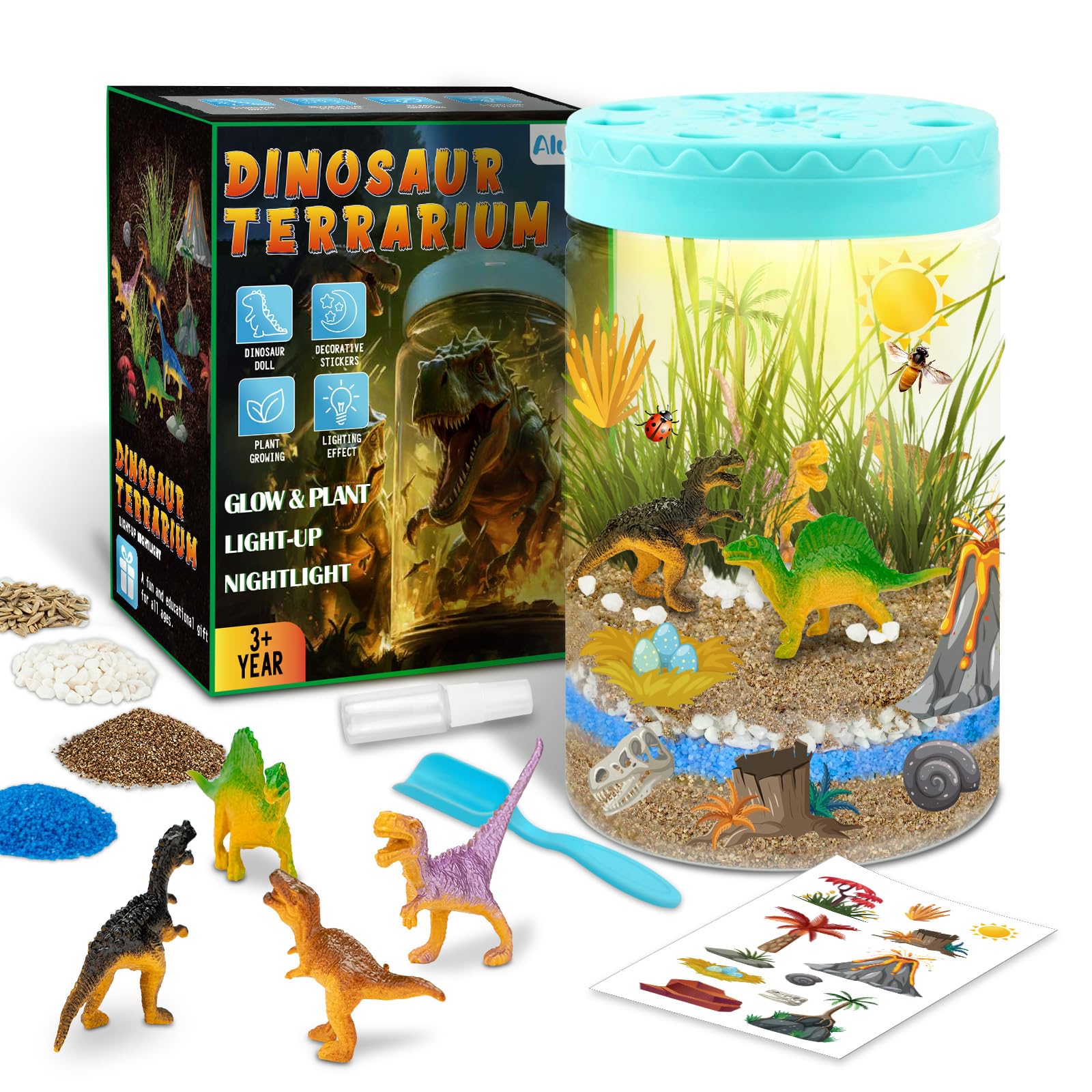 Aluabi Light Up Dinosaur Terrarium Kit For Kids,Educational Science Kits,Gardening Kits Science Activities For Boys & Girls,Diy Creative Dinosaur Toys,Arts And Crafts Kit Gifts For Ages 4 5 6 7 8-12