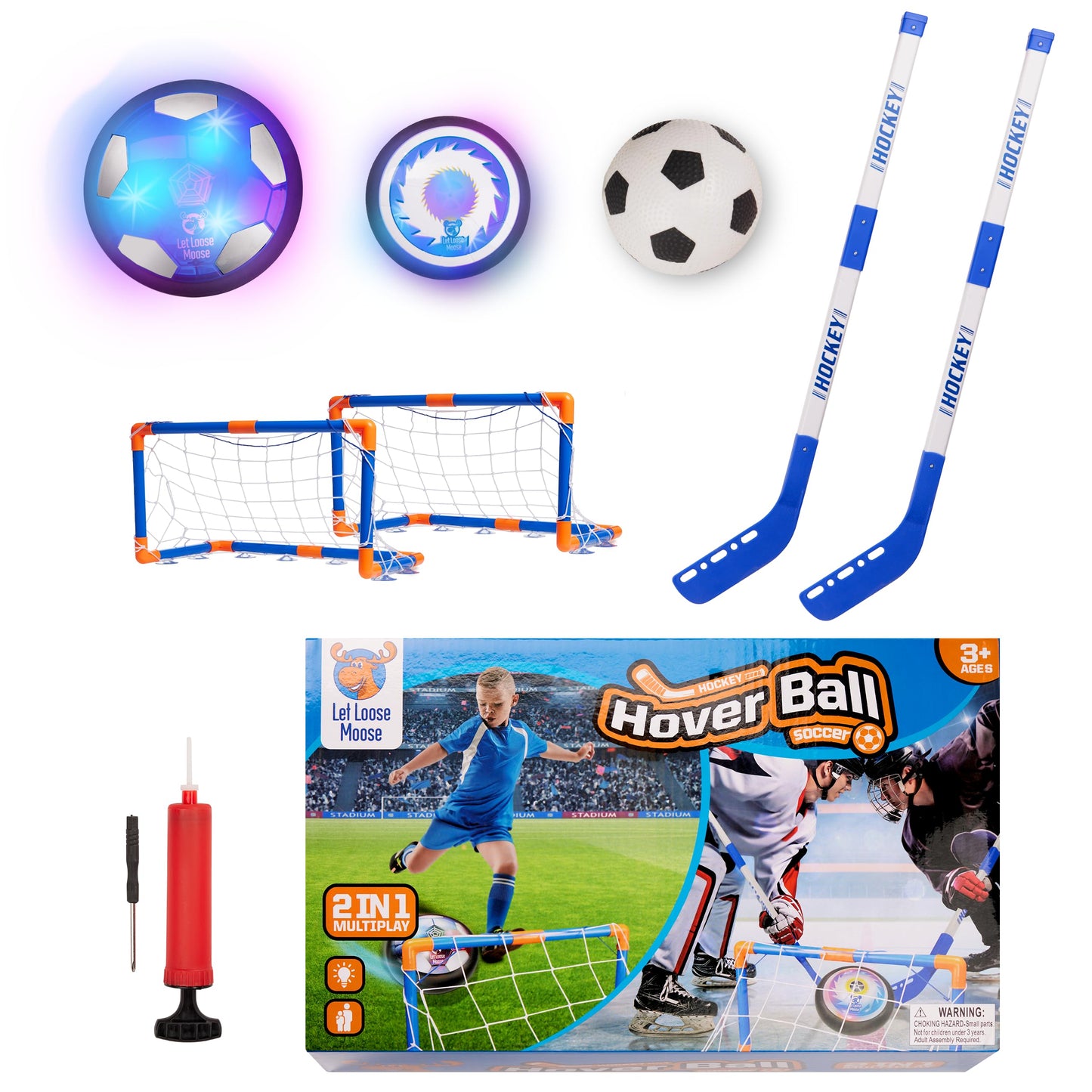 Let Loose Moose Hockey & Hover Soccer Ball 3-In-1 Set, Gift For Kids Aged 4-6, 6-8, 8-12, Indoor Hockey And Soccer Toys Game Set, Boys And Girls Birthday Gifts