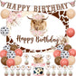 JOYMEMO Boho Highland Cow Birthday Decorations Girl, Pink Brown Cow Balloons Party Decor with Happy Birthday Highland Cow Backdr