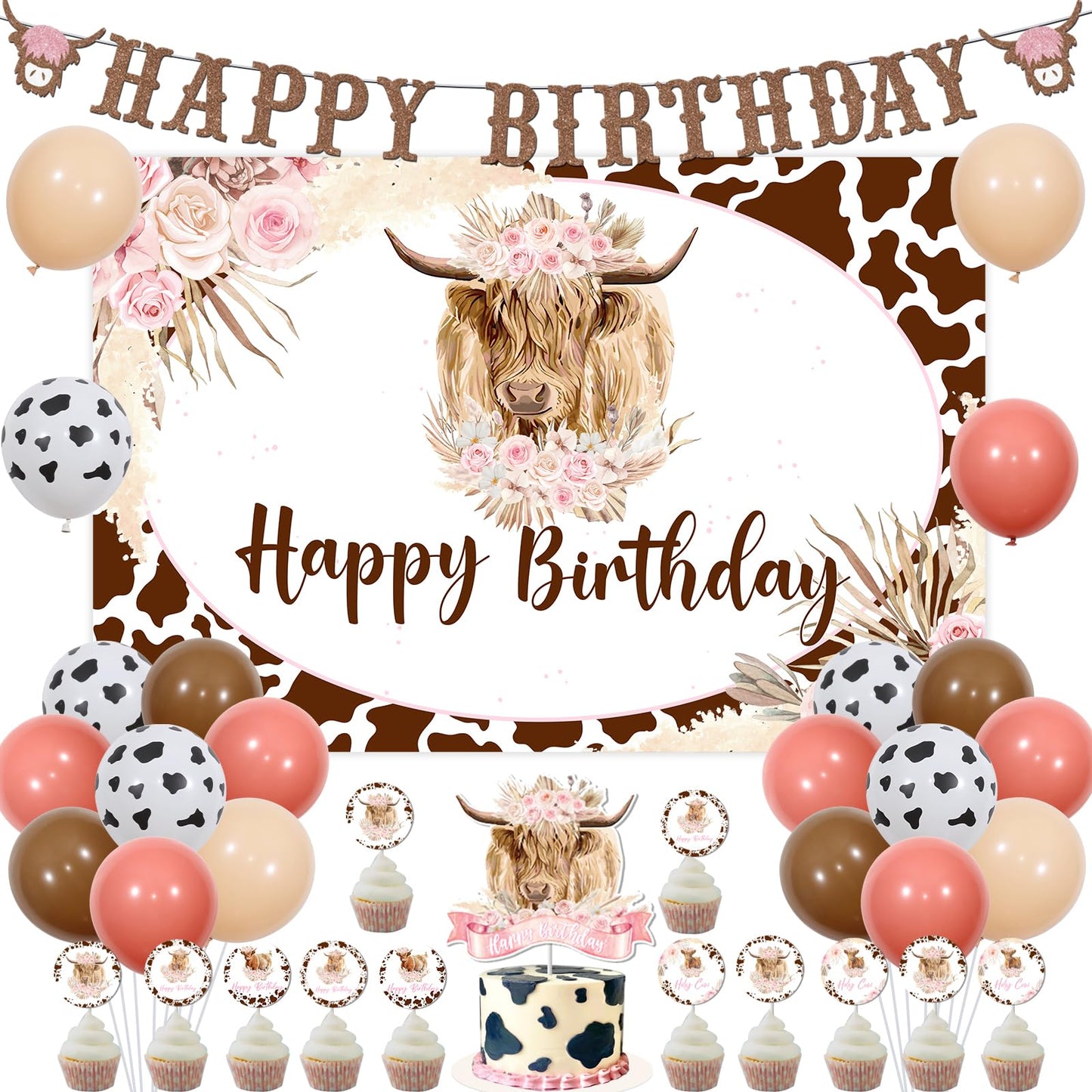 JOYMEMO Boho Highland Cow Birthday Decorations Girl, Pink Brown Cow Balloons Party Decor with Happy Birthday Highland Cow Backdr