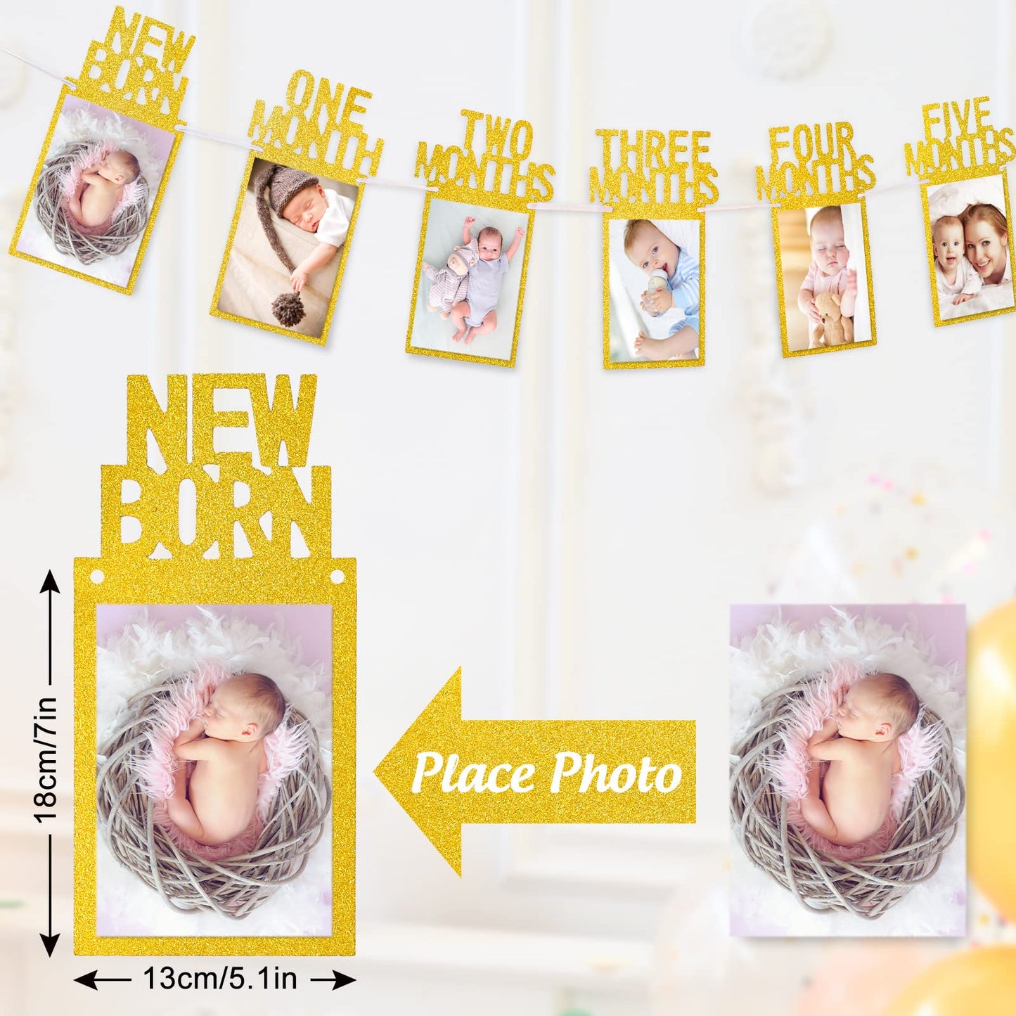 Whaline 1St Birthday Baby Photo Banner For Newborn To 12 Months, Monthly Milestone Photograph Bunting Garland, First Birthday Celebration Decoration (Gold)
