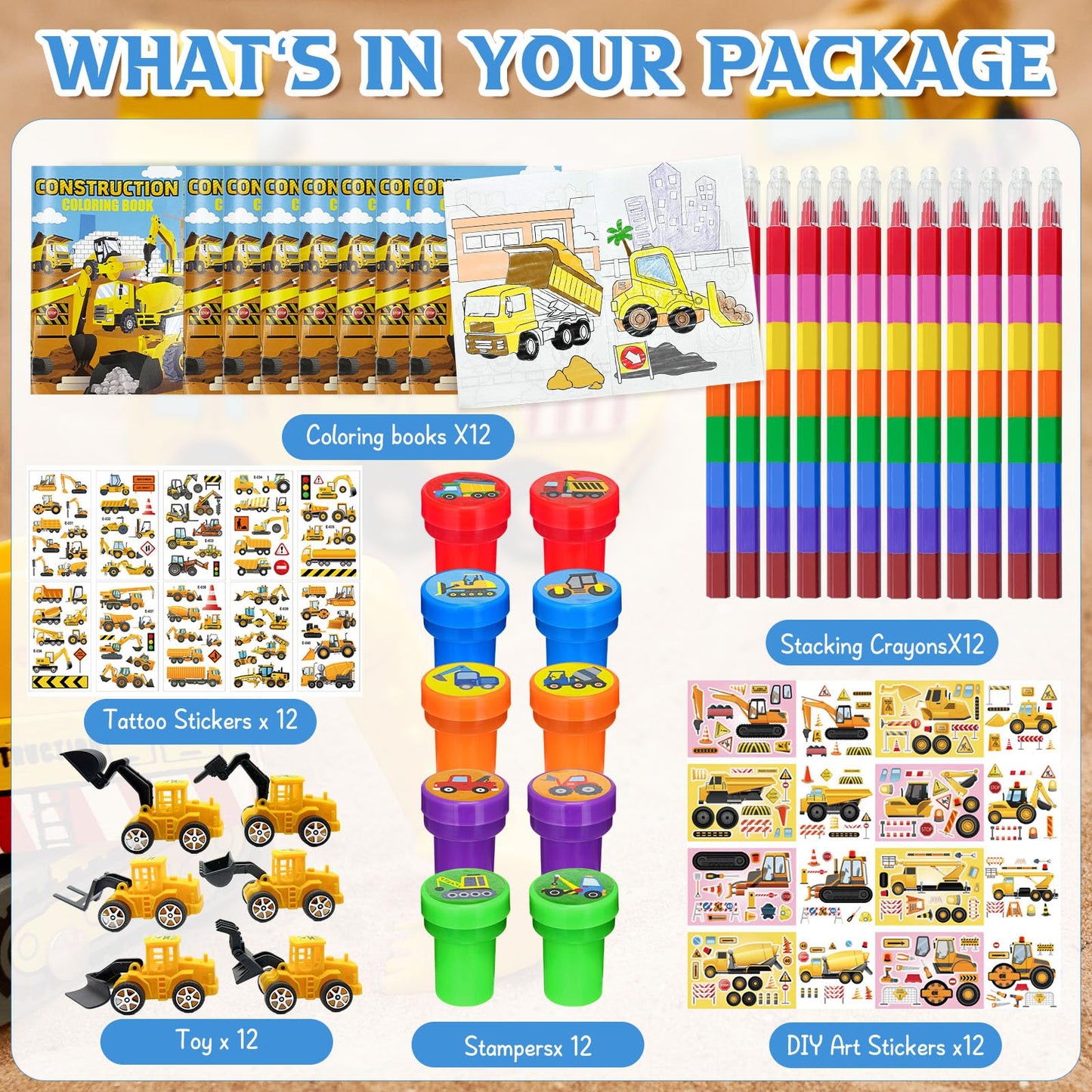 72 Pcs Construction Coloring Book with Crayons Bulk,Truck Car Party Favors Goodie Bags Fillers,Tractor Birthday Party Supplies F