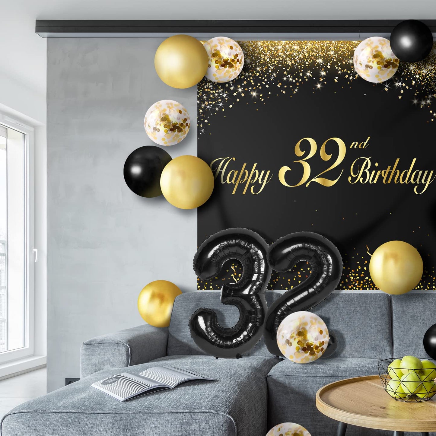Happy 32Nd Birthday Balloons Black Set Decor - Cheers To 32 Years Old Party Theme Garland Banner Backdrop Decorations For Women
