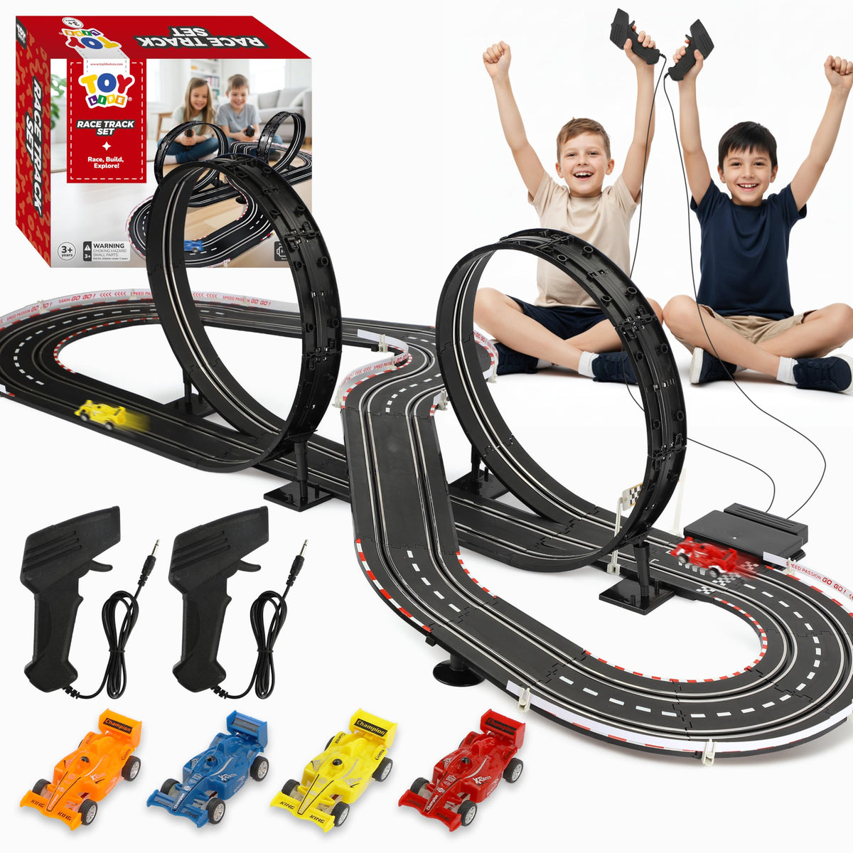 Slot Car Race Track Sets for Kids Ages 48, 20ft 2Player 4Lane Race Track with 2 RC Cars SpeedControlled, Racing Circuit Toy 