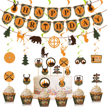 Dianelhall Hunting Theme Party Decorations - 62 Pcs Camo Birthday Supplies, Cupcake Toppers, Brown/Green/Orange, Model: Dianelhall-043