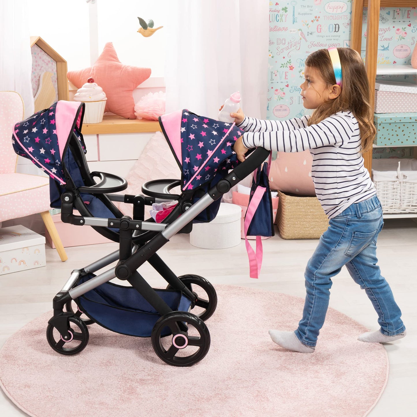 Bayer Design Dolls: Xeo Twin Pram: Stars Navy & Pink - Matching Handbag, Adjustable Handle, Dolls Up to 20, Ages 3+