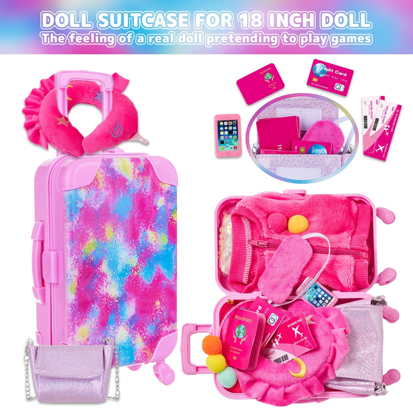 K.T. Fancy 18 Inch American Doll Clothes and Accessories  Doll Travel Suitcase Playset for Girls  Cute Travel Doll Clothes for 18 Inch Girl Doll(Not Include Doll & Shoes) (Sequin )