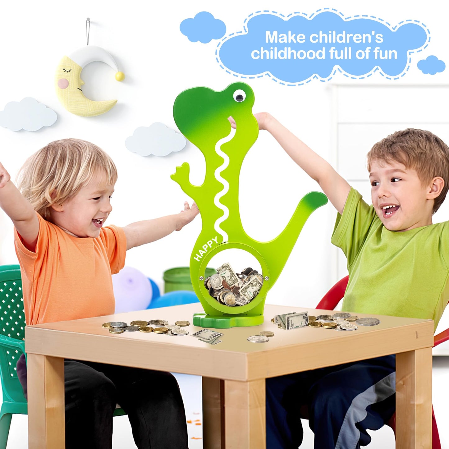 Aorcmitn Wooden Dinosaur Piggy Bank Boalord For Boys Kids Girls Clear Big Belly Animal Coin Bank For Toddler Real Money Toy(Dino-Green)