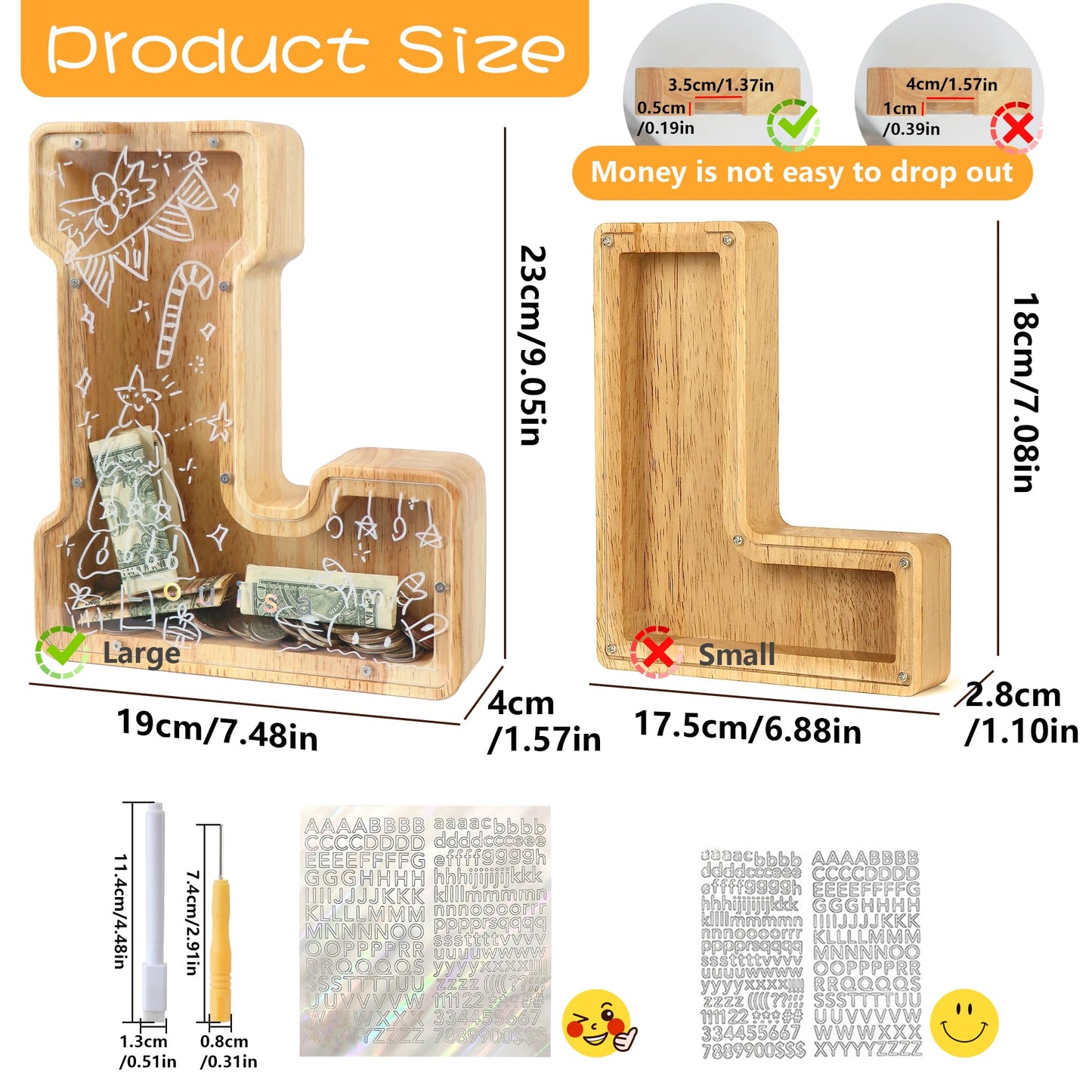 weallbuy Large Letter Piggy Bank for Kids Boys Girls Wooden Personalized Piggy Banks A-Z with Target Area Clear Alphabet Banknote Coin Banks for Gift Decoration Baptism (L)