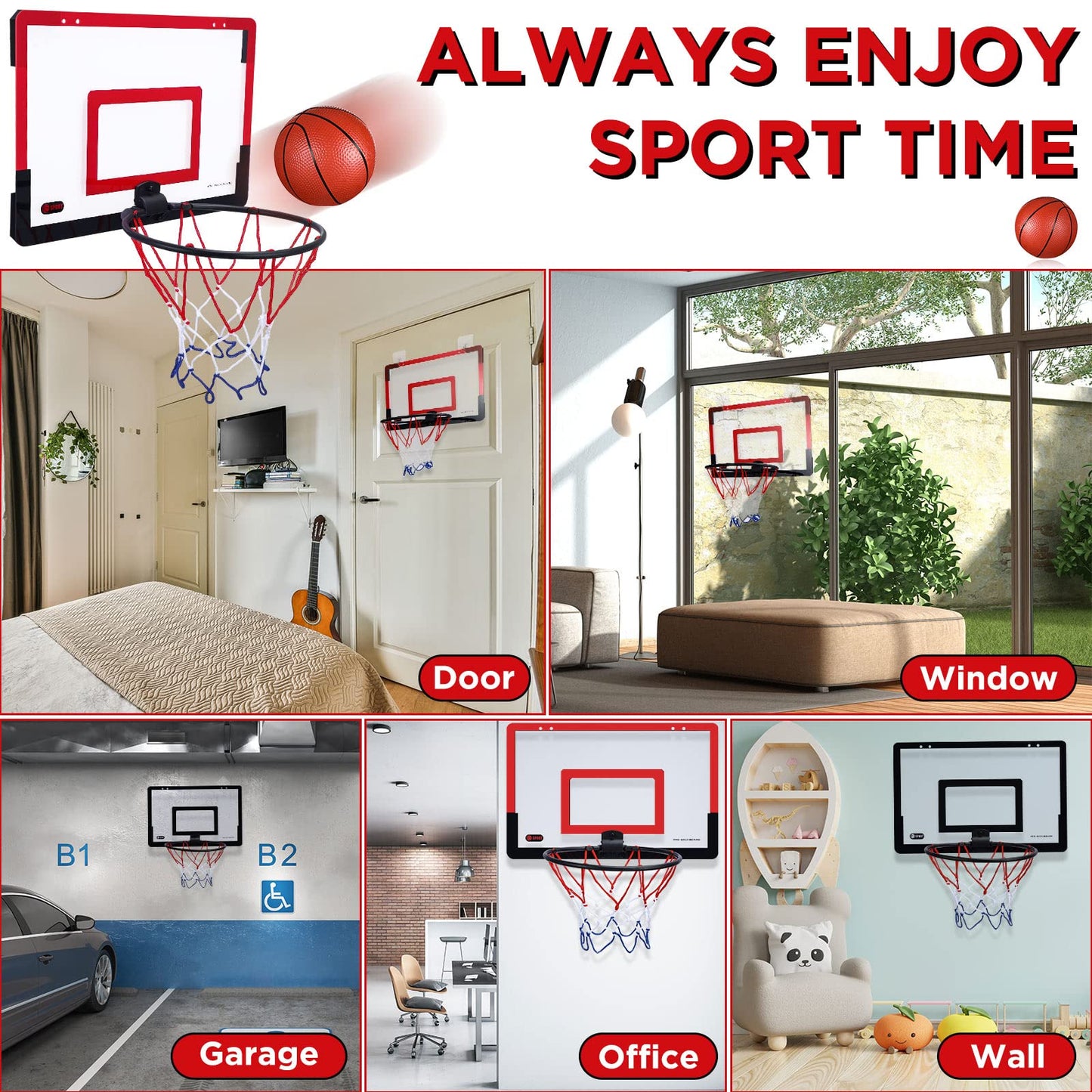 Sosation 2 Pcs Mini Basketball Hoop with 4 Basketball  Sticky Hook  Pump  Indoor No Drilling Basketball Hoop Decompress Game for Kid mature-themed Gift(Classic Style)