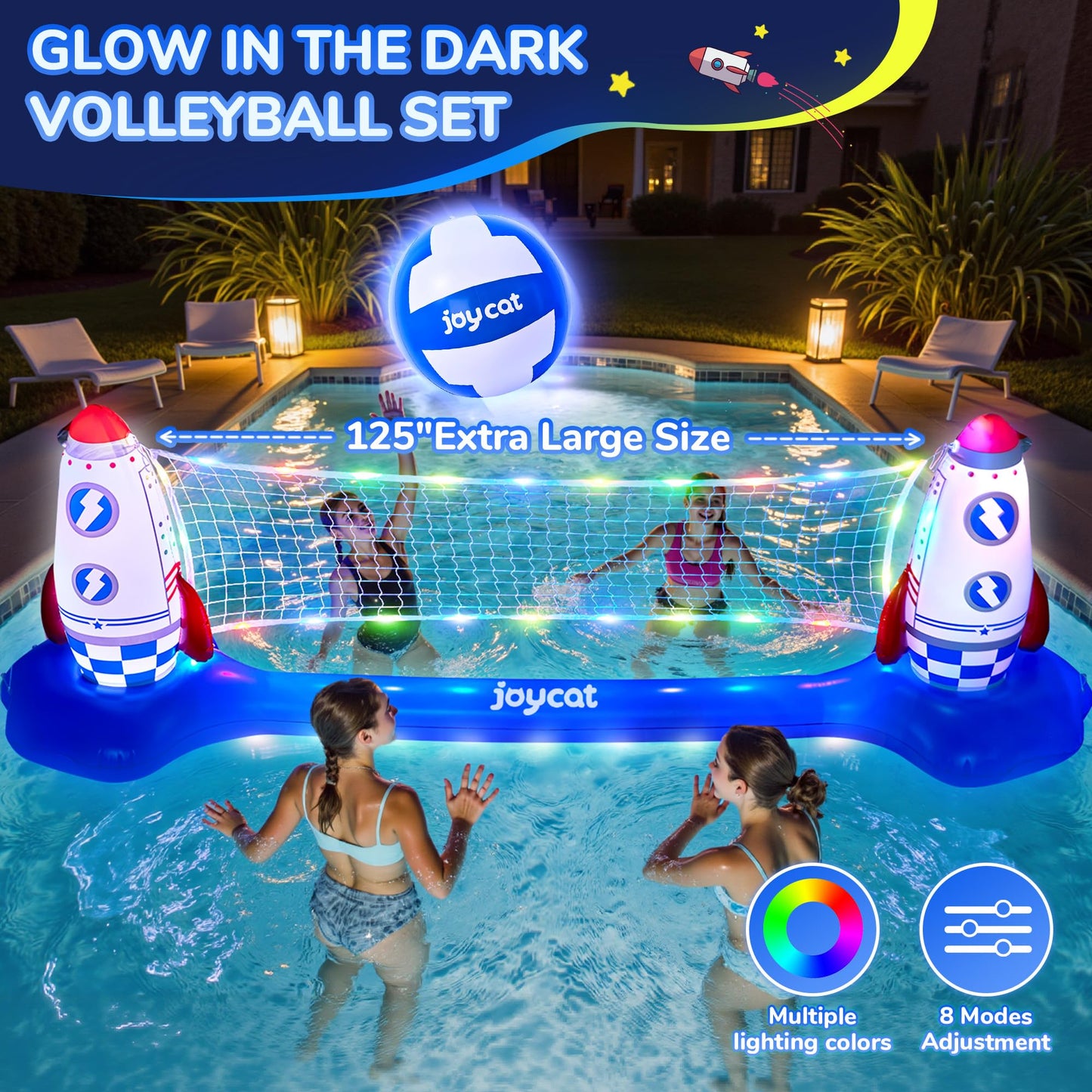 JoyCat LED Inflatable Pool Floats Set,125 Inch Volleyball Net & Basketball Hoop,Floating Swimming Pool Games Beach Toys for Kids