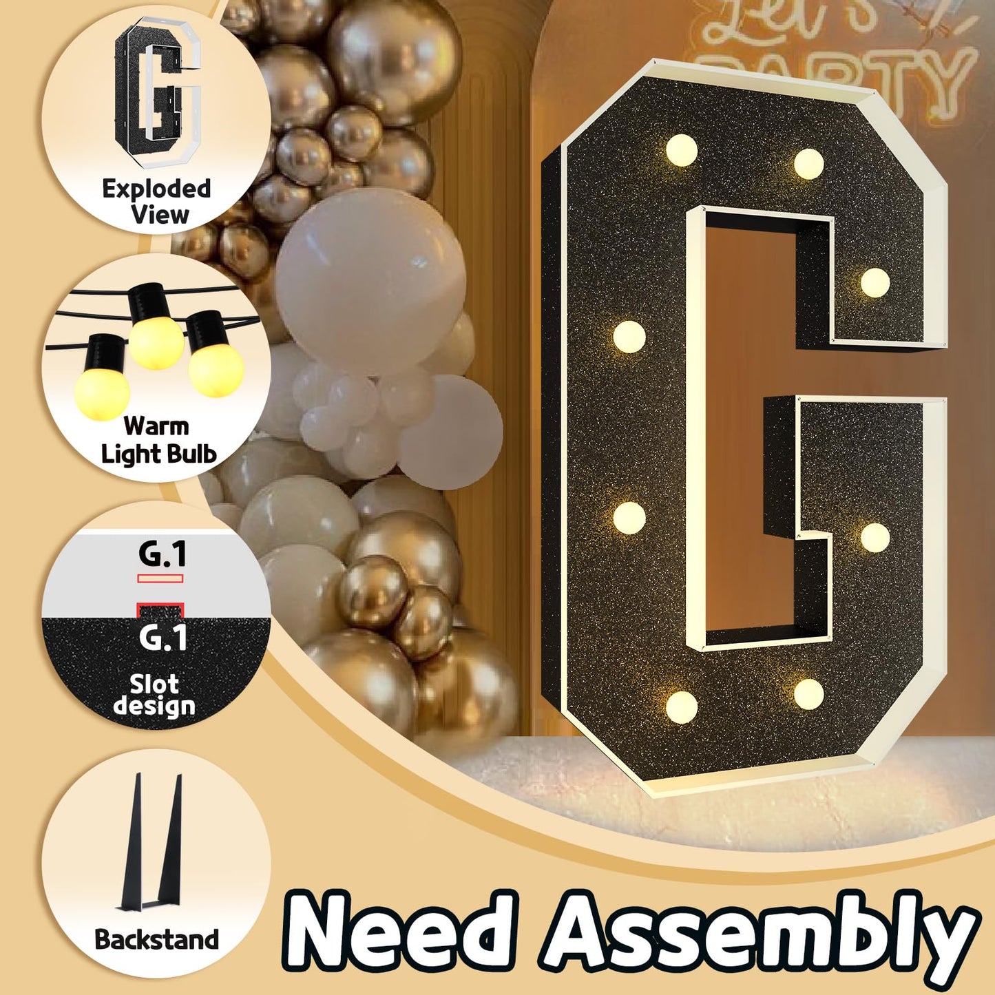 Imprsv Marquee Letters Black 3Ft: Black Party Decor - Light Up Letter G Large 3 Feet Tall - Party Decorations Letter For Graduat