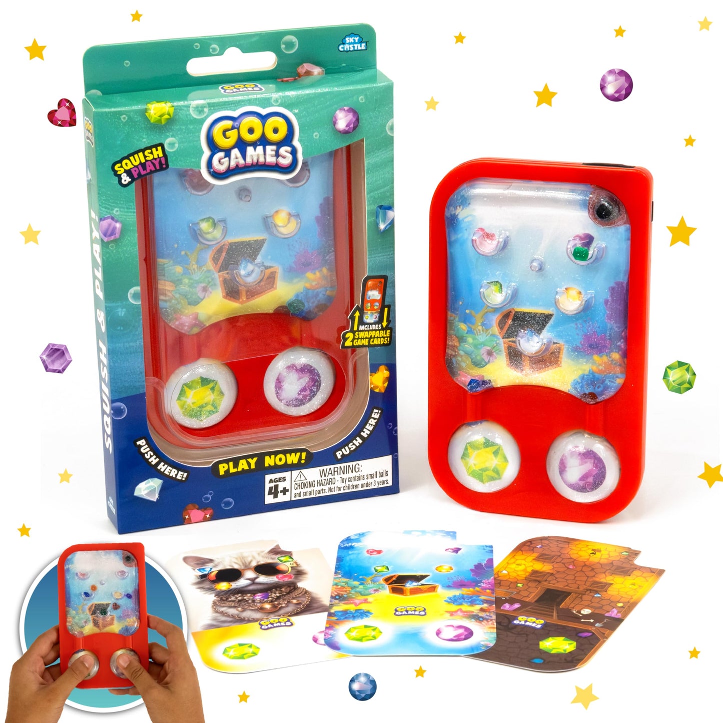 Sky Castle GooGames Hand-Held Water Game - Medium Non-Toxic Glitter Fun, Refillable with 3 Game Cards, Color: Gems, Model: GG502