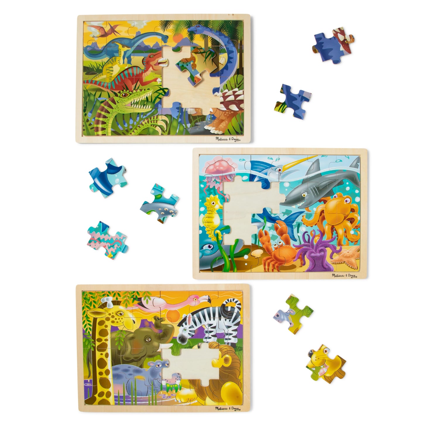 Melissa & Doug Wooden Jigsaw Puzzle Bundle - Dinosaur, Safari & Ocean - 15.7x11.7x1.2 inches - Blue - Ages 3+