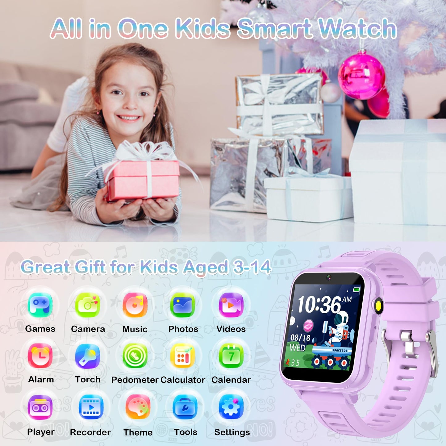 Kids Smart Watch Gift For Girls Age 3-12 Kids Watches 24 Games Touch Screen Music Player Camera Alarm Clock Calculator Flashlight 12/24 Hr Educational Toys Birthday Gifts For Girls Ages 6 7 8 9 10