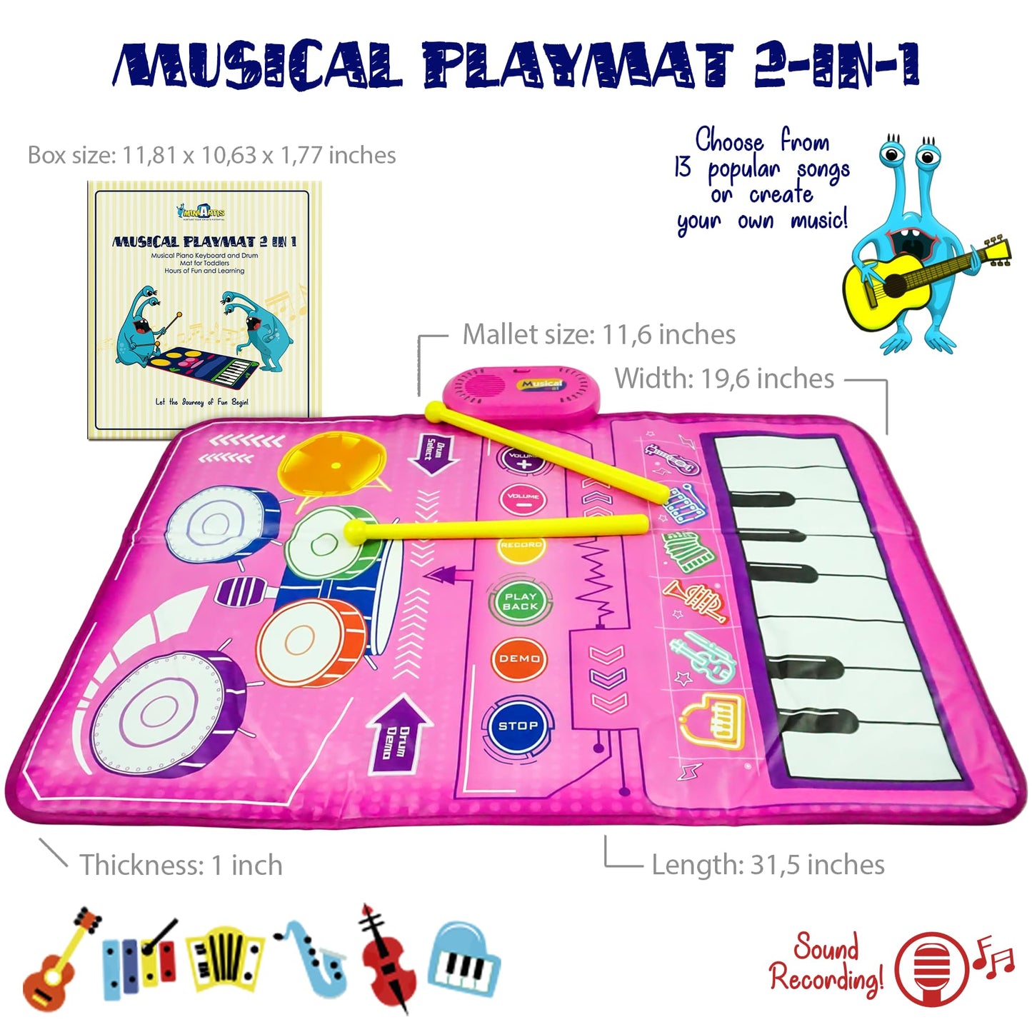 Miniartis 2-In-1 Baby Musical Mat | Floor Piano Mat & Drum Set For Toddlers 1-3 | Baby Musical Toys | Educational Music Mat For Girls & Boys Birthday Gifts