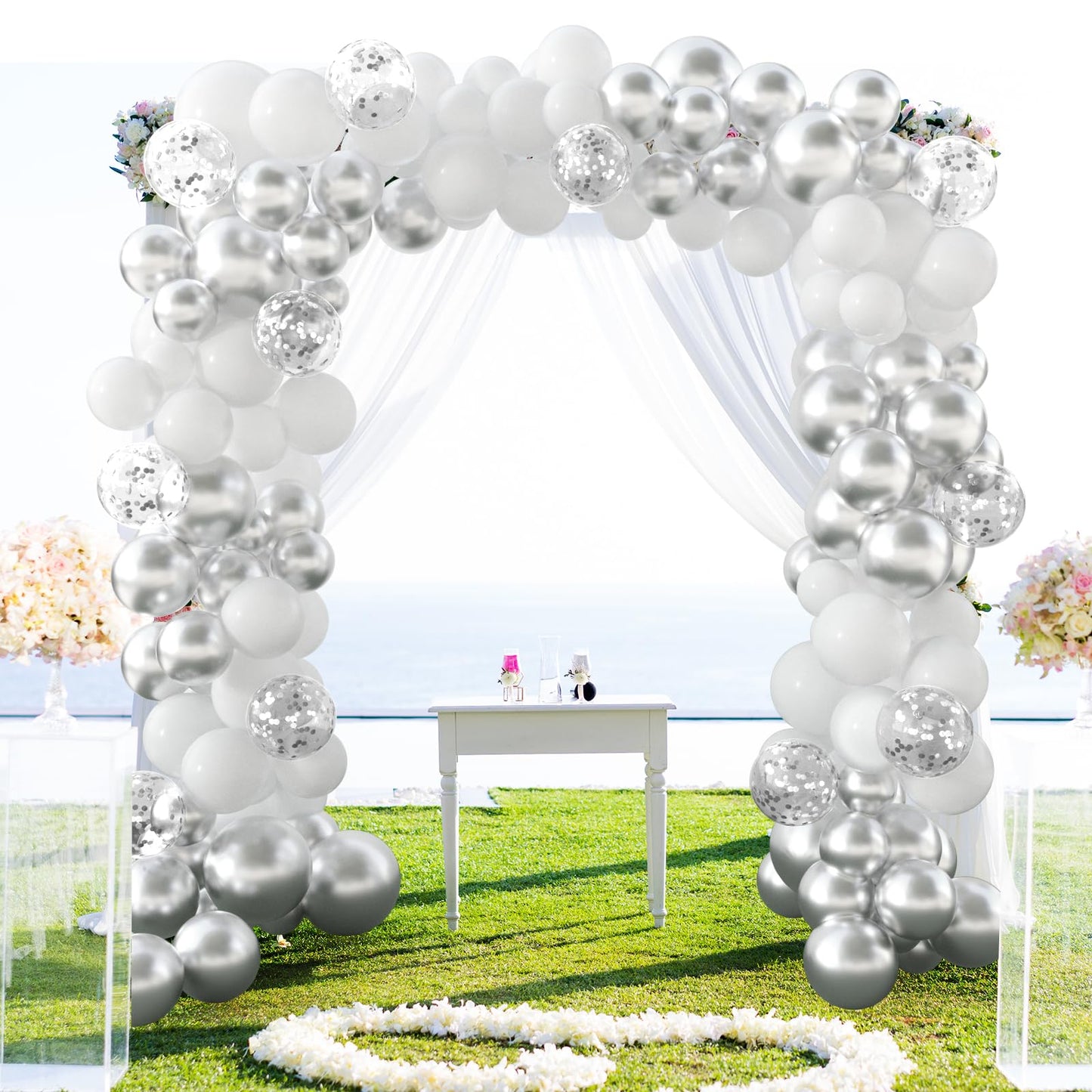 Neburora White And Silver Confetti Balloons 60Pcs 12Inch White Metallic Silver Confetti Balloons For Wedding Engagement Graduati