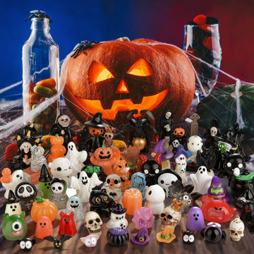 PLULON 68Pcs Halloween Miniatures Figurines  Mini Resin Figures Tiny Small Ghost Skull Pumpkin Ornaments for Crafts Fairy Garden Dollhouse Party Decor Village Accessories Bag Fillers