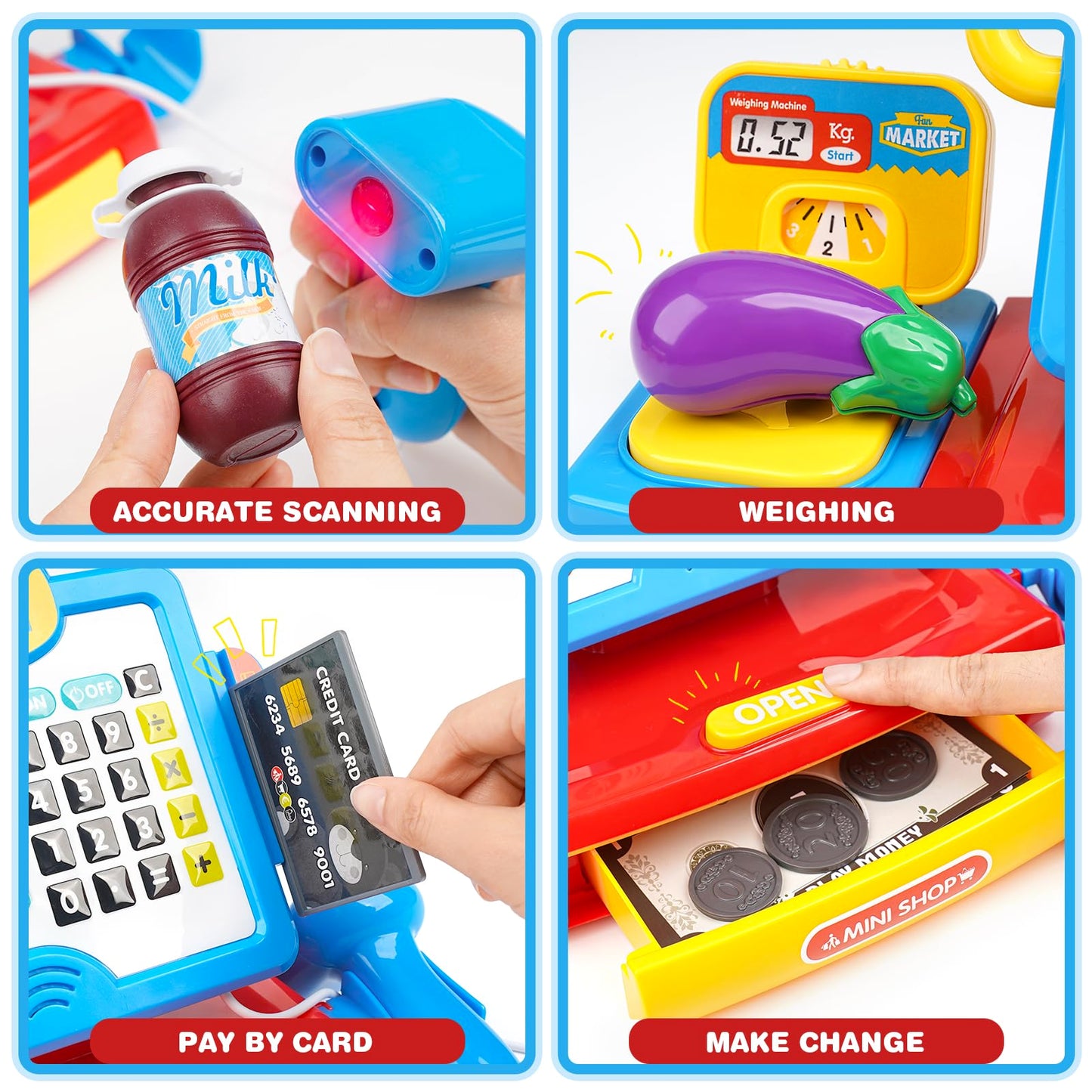 Cash Register Toy For Kids With Real Calculator, Cashier Register With Scanner/Weighter/Credit Card/ Play Money/ Food/Microphone