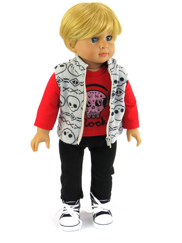 American Fashion World Boys Skull 3 Piece Vest and Pants Set for 18-Inch Dolls | enhanced Quality & Trendy Design | Dolls Clothes | Outfit Fashions for Dolls for Popular Brands