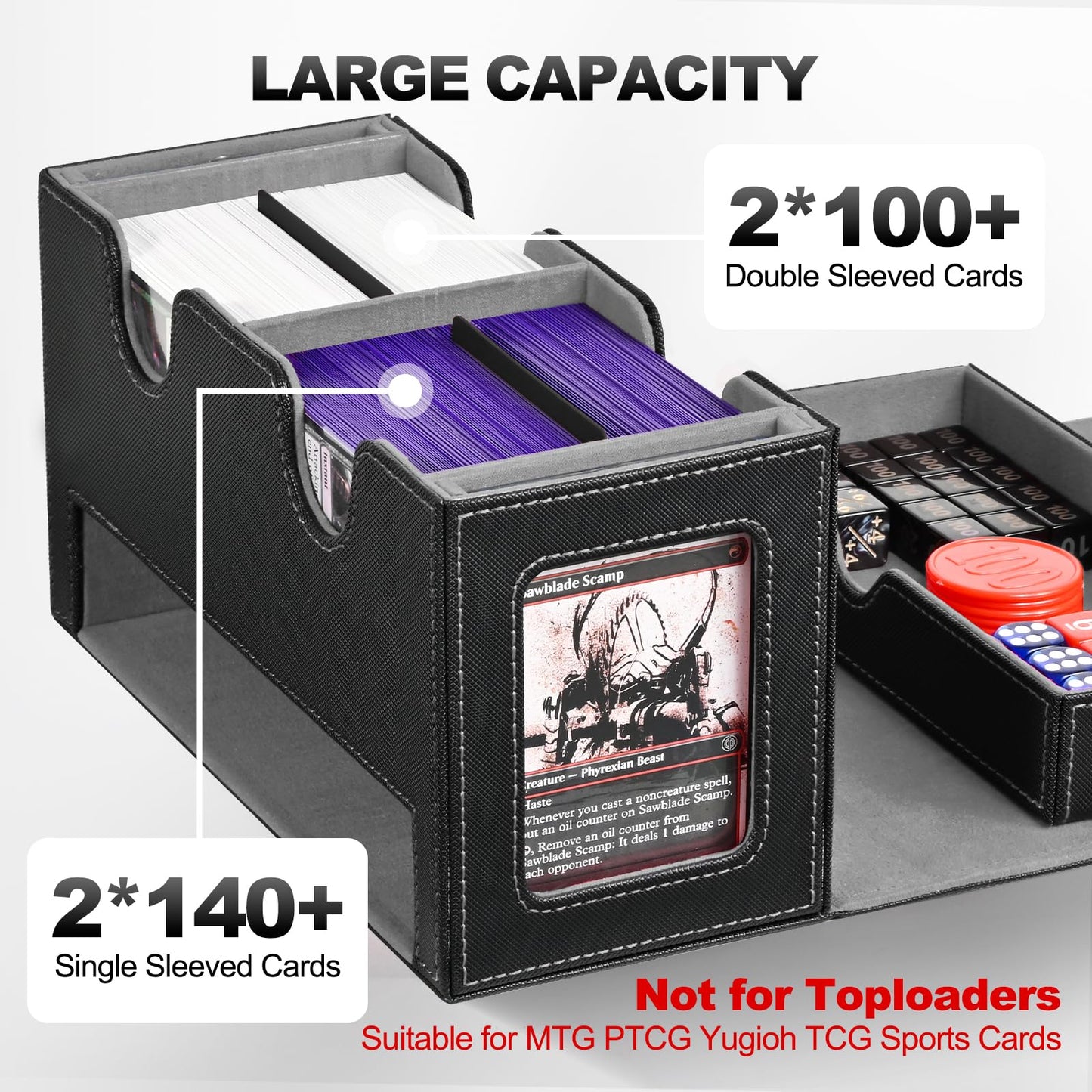 Uaono Card Deck Box For Mtg, Double Card Storage Box With 2 Commander Display & 1 Dice Tray, Fits 200+ Double Sleeved Cards, Card Organizer For Ccg Tcg Sports Cards (Black Gray)