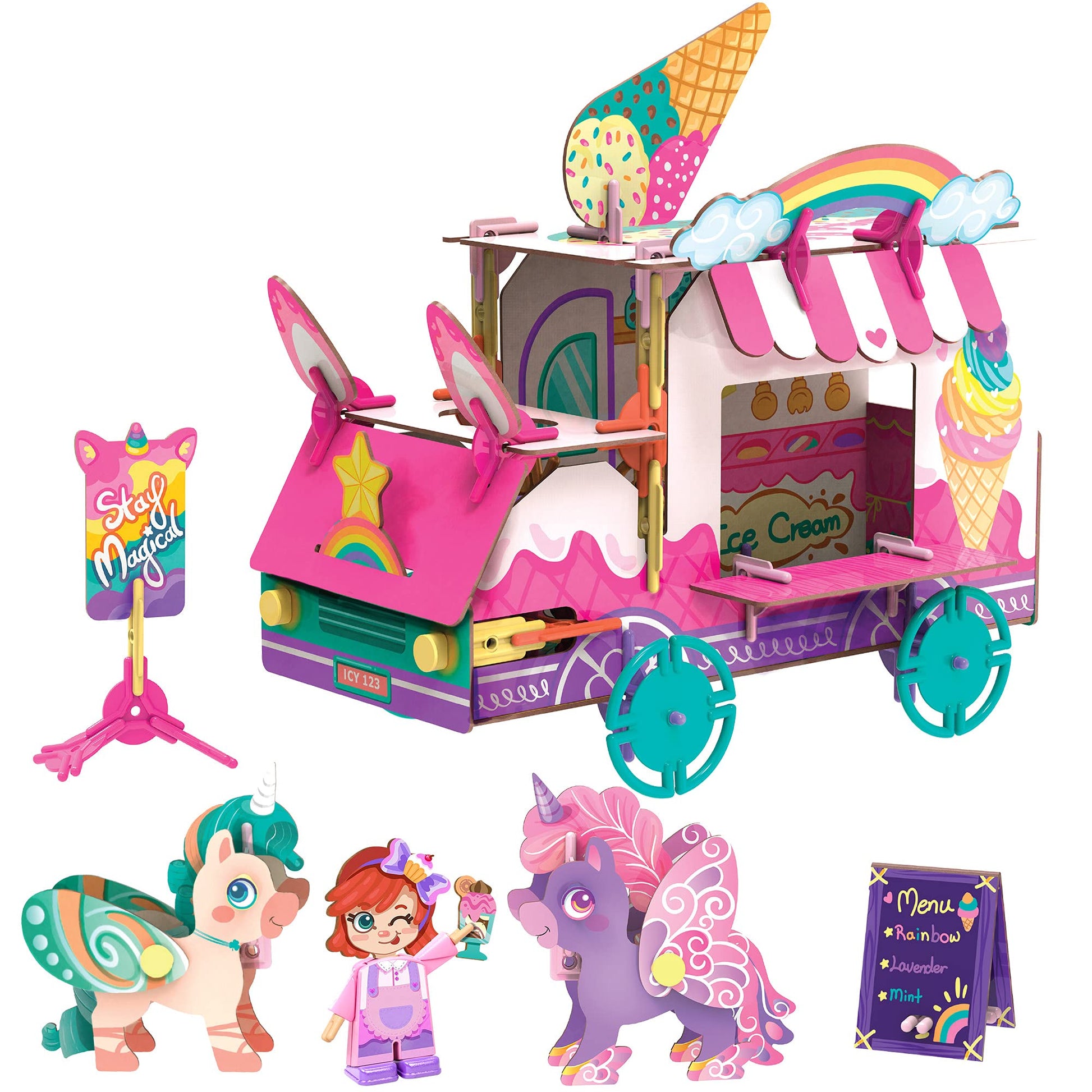 Pinxies Unicorn Ice Cream Truck | Build-Your-Own Magical Animals Play Set, Kids 3D Puzzle Toy - Stem Girl Toys Ages 6-7 And Up