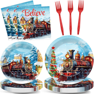 gisgfim 96 Pcs Christmas Train Plates and Napkins Party Supplies Christmas Believe Dinnerware Tableware Set Disposable Xmas Pape