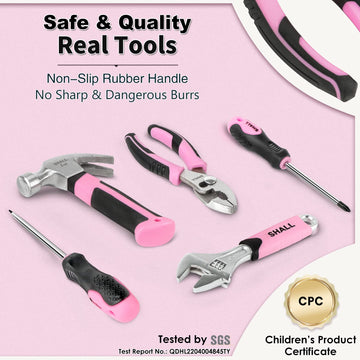 SHALL 26-Piece Kids Size Tool Set, Pink Real Tools for Kids with 12'' Tool Bag, Safety Certified Children Learning Tool Kit with
