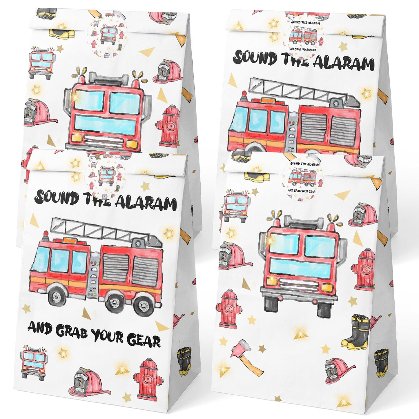 Hapibidesign Watercolor Firetruck Party Favor Bags - 24 Pcs Firetruck Party Candy Bags With Stickers - Firetruck Goodie Gift Tre