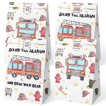 Hapibidesign Watercolor Firetruck Party Favor Bags - 24 Pcs Firetruck Party Candy Bags With Stickers - Firetruck Goodie Gift Tre