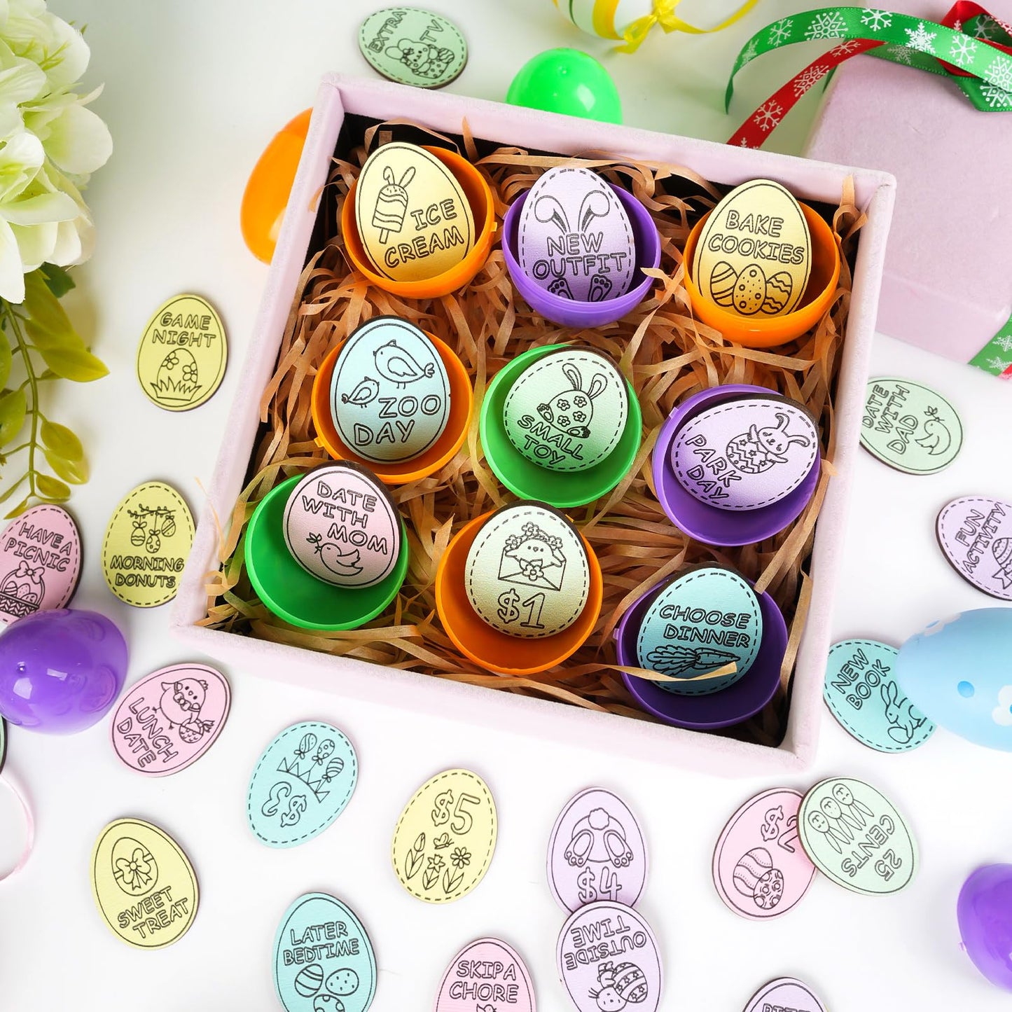 Hedeey Easter Egg Fillers,30 Pack Wooden Easter Egg Tokens for Kid,Easter Stuffers with 30 Different Engraved Sayings,Easter Egg