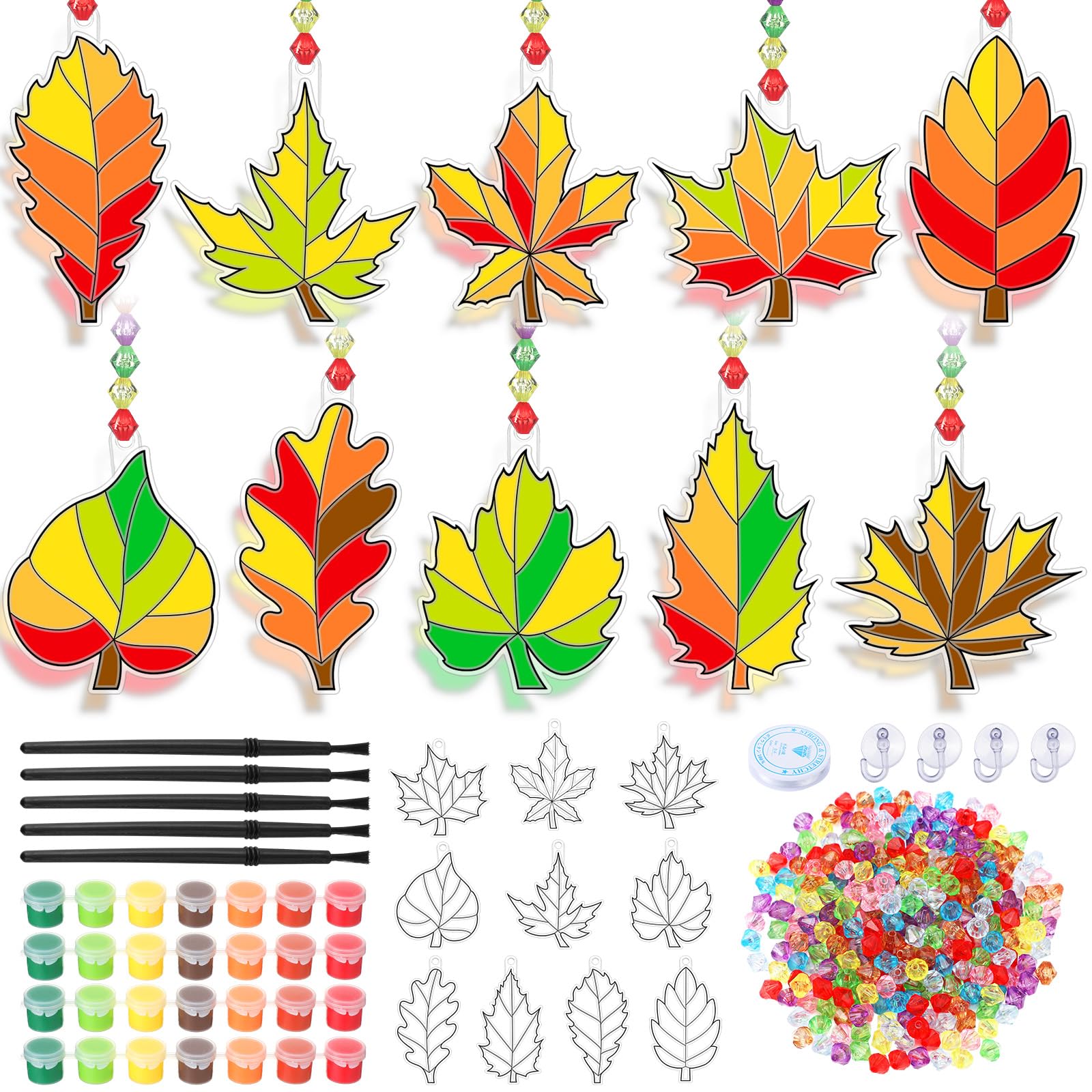 Beeveer 30 Sets Fall Leaf Suncatchers Art Kits DIY Autumn Maple Leaf Suncatcher Crafts Paint Your Own Window Ornaments for Boys 