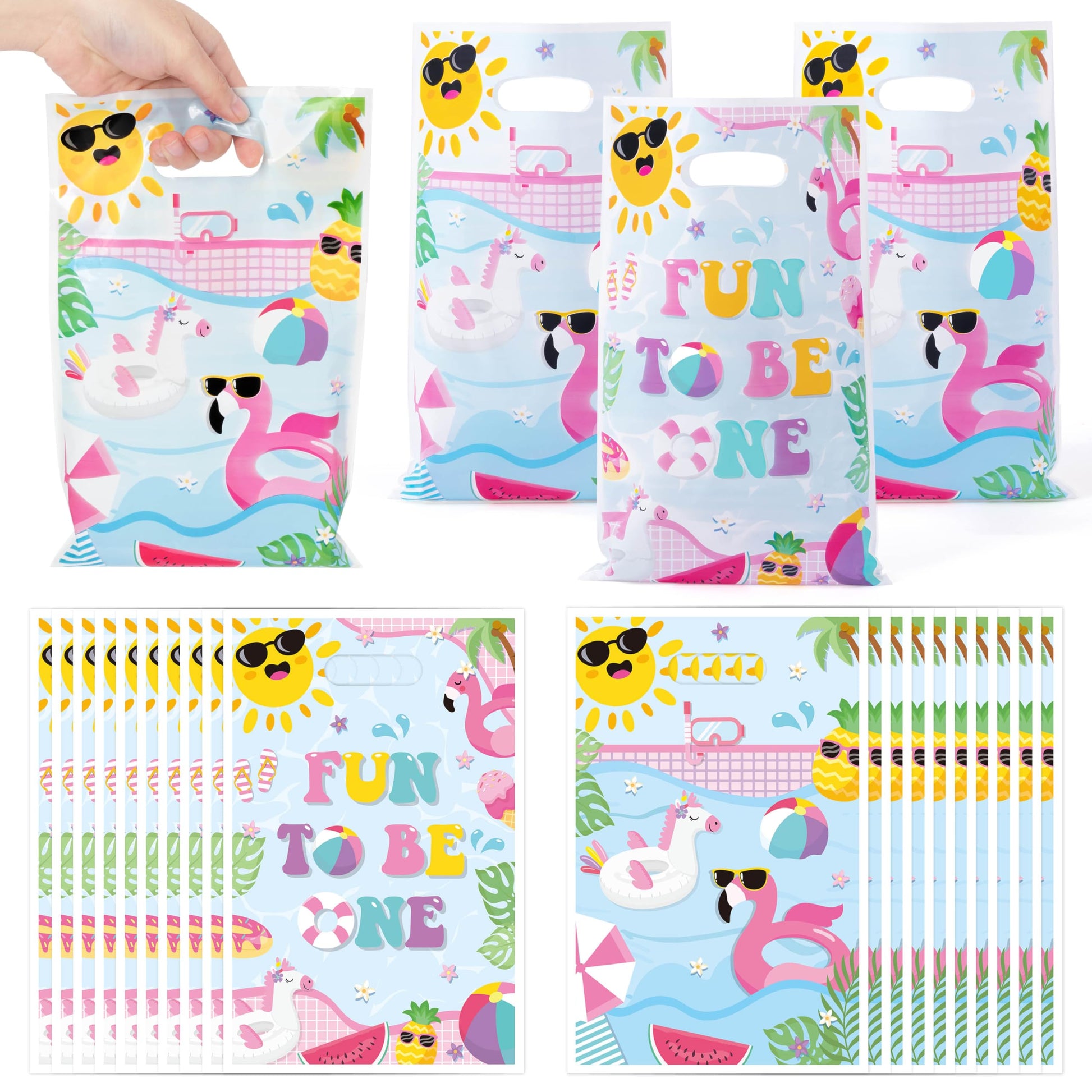 Summer Pool Party Favor Bag - 50Pcs Beach Fun to Be One Goody Candy Treat Gift Bag Summer Flamingo Poolside 1st Birthday Party D