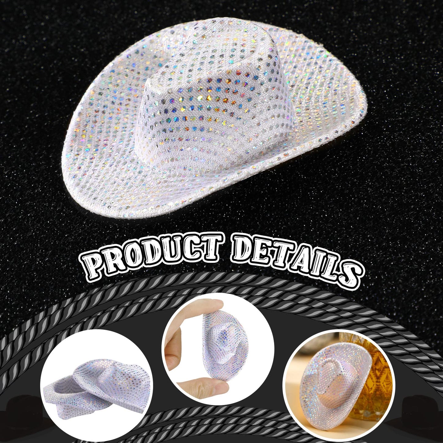Sotiff 24 Pcs Mini Disco Cowboy Hat Western Cowboy Cowgirl Light Up Cute Doll Hat Neon Party Decor Doll Dollhouse Decor(Silver)